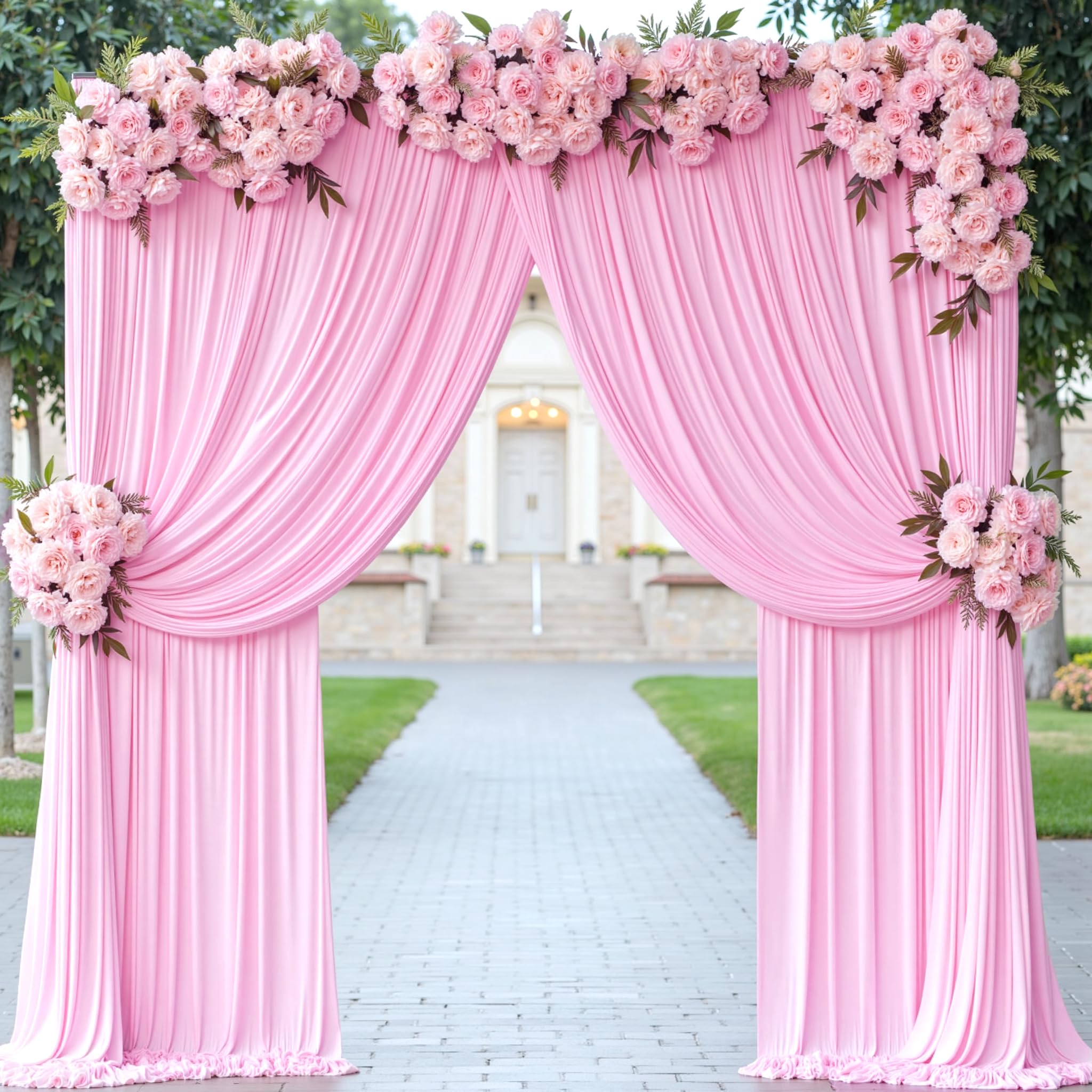 50ftx10ft Pink Wrinkle-Free Backdrop Curtain Drapes for Party, 10 Panels 5ftx10ft Pink Polyester Background Curtain Drapes Backdrop Decorations for Wedding, Birthday