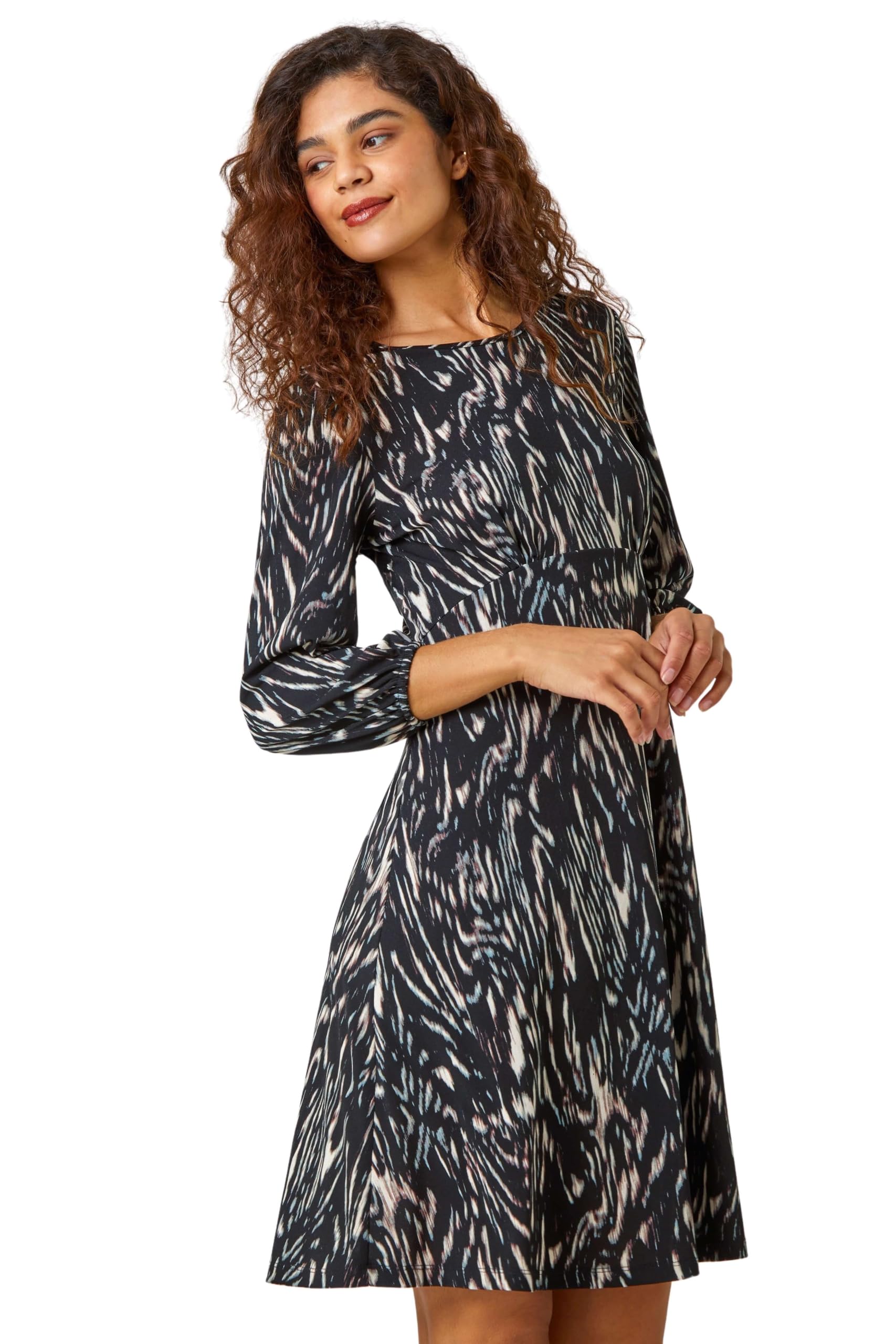 Roman Originals Women's Black Cream Roman Gathered Chest Dress Stretchy Fit & Flare Swing Tea A Line Skater Knee Length Long Sleeve Midi Smart Casual Work Going Out Cocktail Party - Size 18