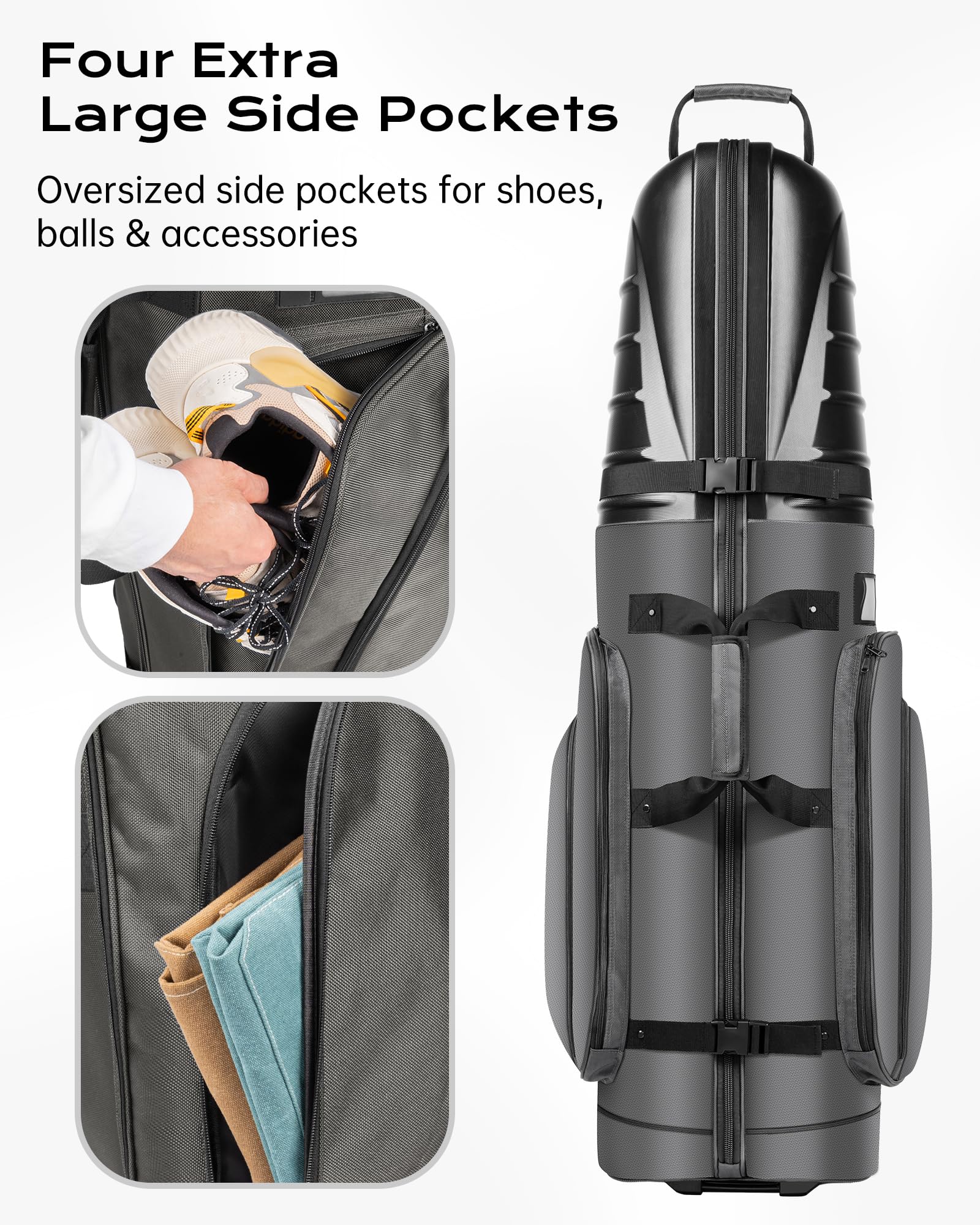 Golf-Reisetasche für Fluggesellschaften, ABS-Hartschalen-Oberteil, 1680D Oxford-Tuch, 4 Seitentaschen, zwei 10,2 cm Räder, abschließbare Reißverschlüsse, faltbarer Club-Reisekoffer
