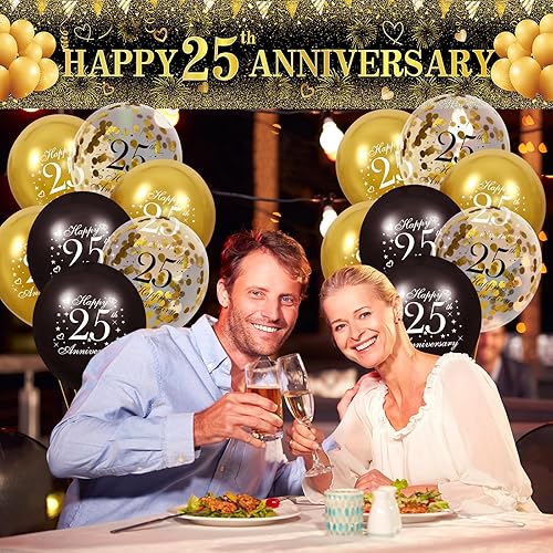 Miniatura 2 de Decoración de aniversario de boda de oro negro pancarta de feliz aniversario de oro negro y 18 globos de látex de feliz aniversario para