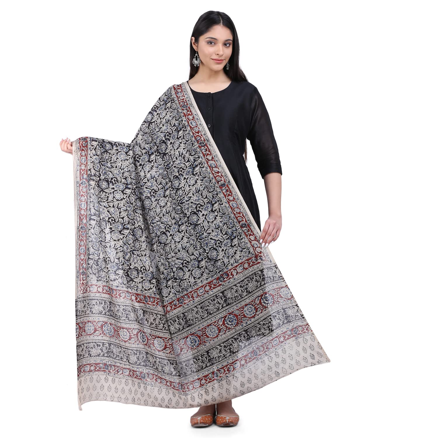 amazon brand - anarva Women's Hand Block Printed Cotton Kalamkari Dupatta (Black-2.5 Meters)-picture-23