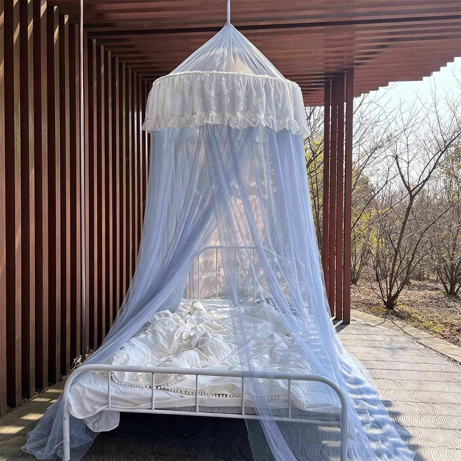 SARKEY Round Dome Canopy Bed Curtain,Floor-standing Mosquito Net,Insect Protection Hanging,Large Space,Romantic,Unique Play Tent Mesh Canopies Lace Drapes Home(Gray-blue)