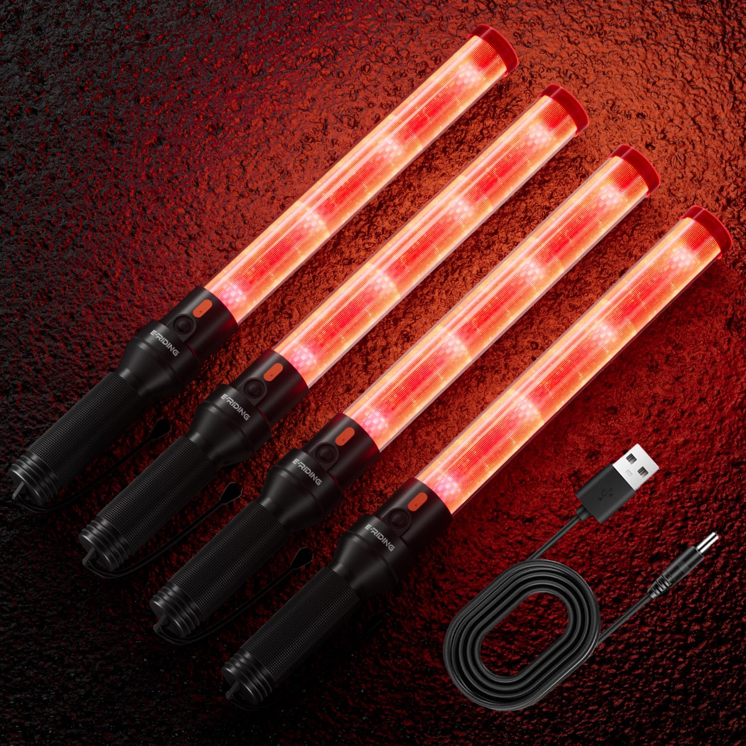 E-riding 4 Pack 16 Inch Rechargeable Red Traffic Wand with 2 Flashing Modes