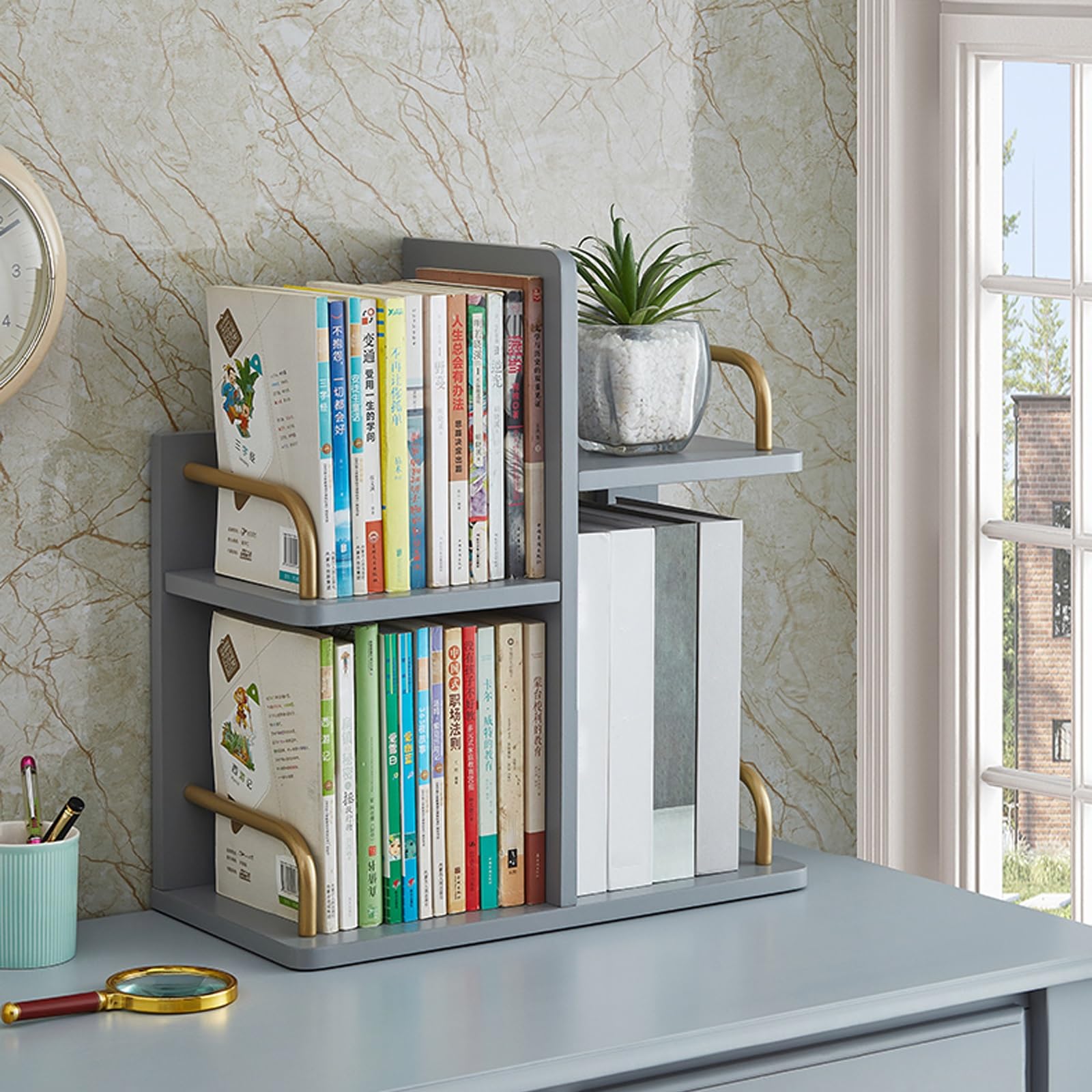 Étagère de rangement à 2 niveaux de bureau en bois et métal