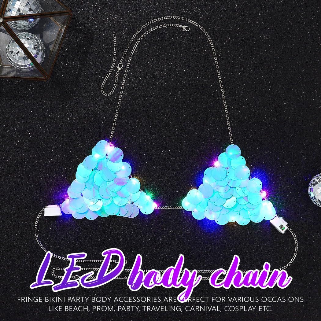 GRAEEN Light Up Sequin Mermaid Bra Top Sparkly Glow Rave Top Led Bikini Top for Women Blue - Image 2