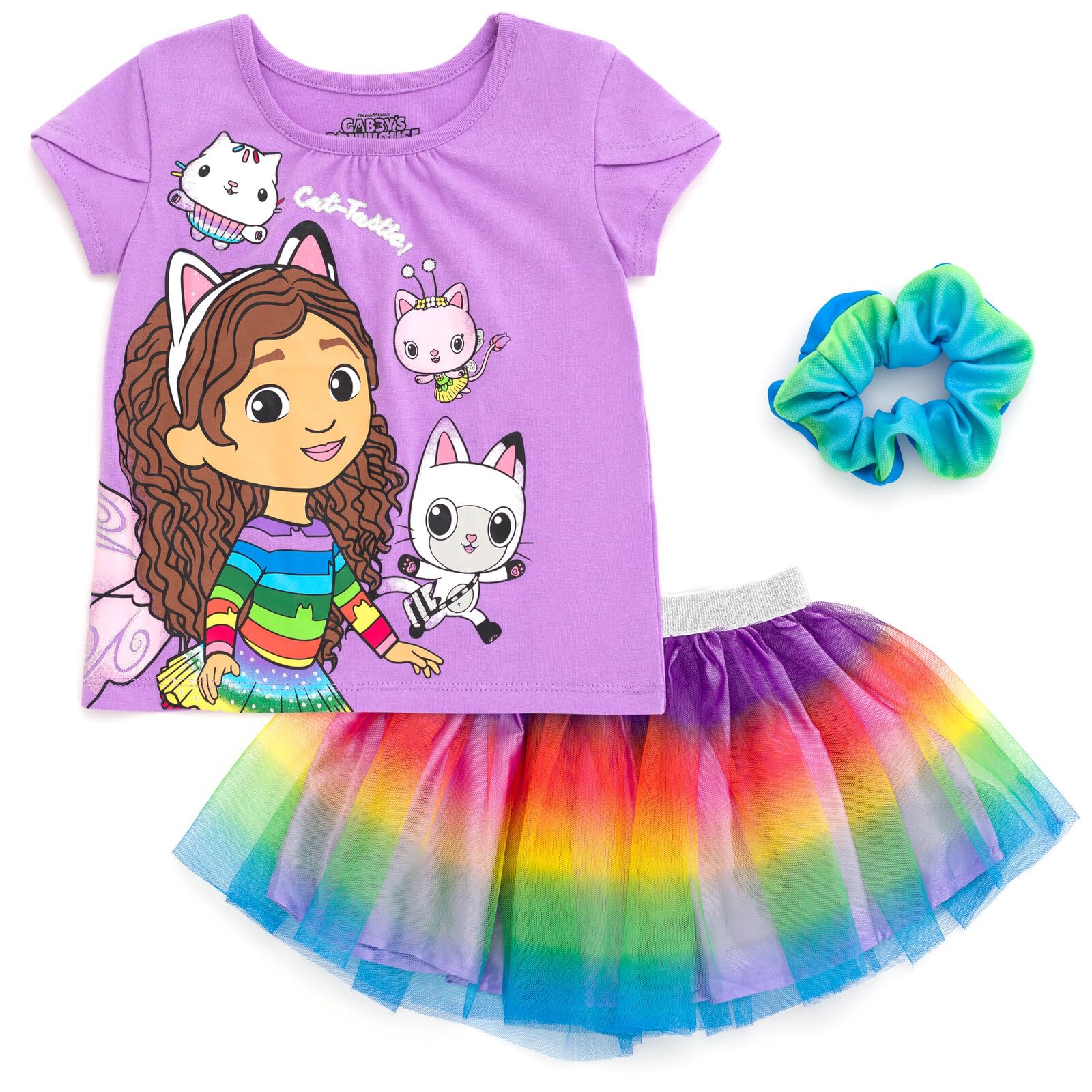 DREAMWORKS GABBY'S DOLLHOUSE Girls T-Shirt Tulle Mesh Skirt and Scrunchie 3 Piece Outfit Set Toddler to Big Kid