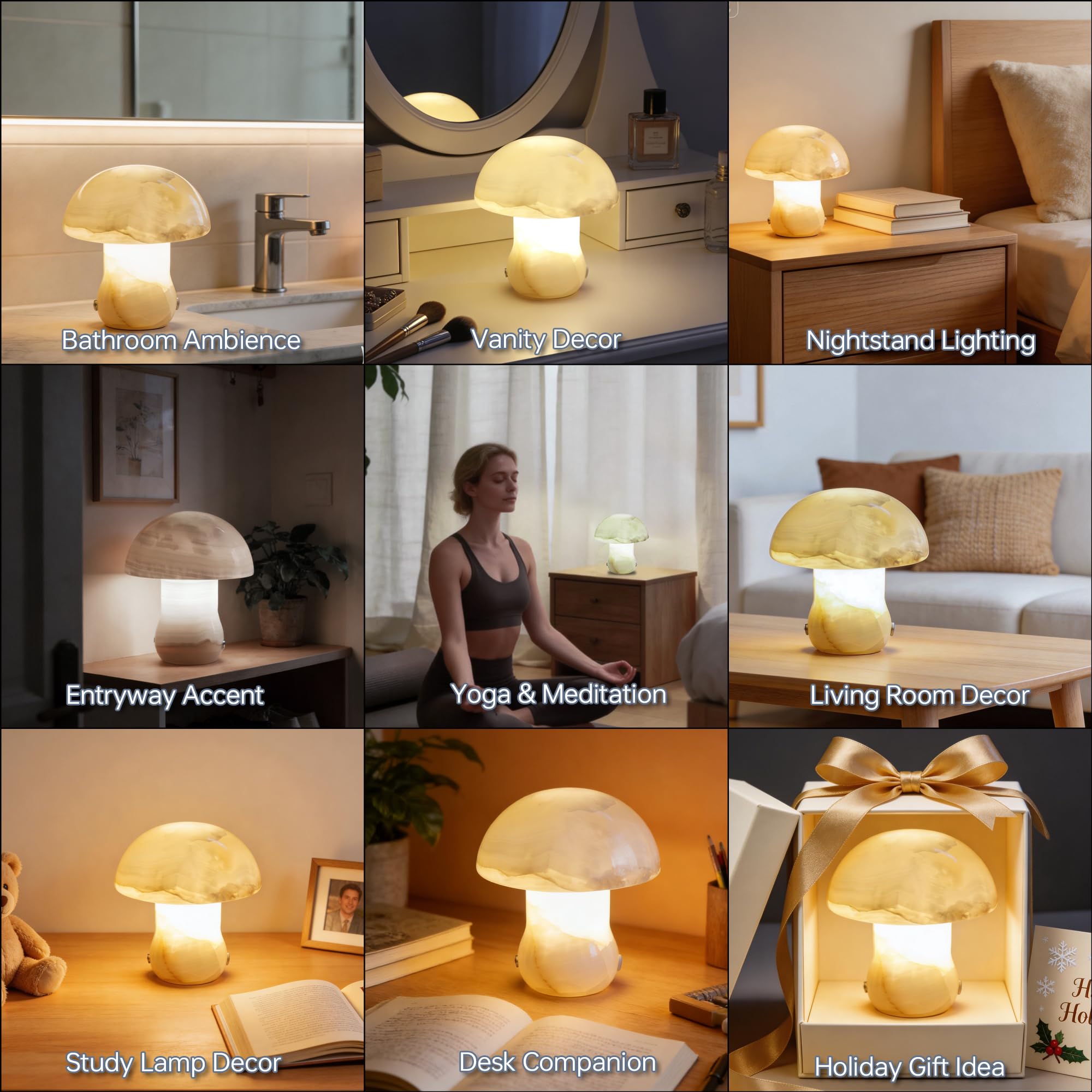 Pilzförmige Lampe aus Naturmarmor, kabelloses Nachtlicht in Pilzform, drei Farbtemperaturen, einstellbare Helligkeit, geeignet für Wohnzimmer, Schlafzimmer und Büro