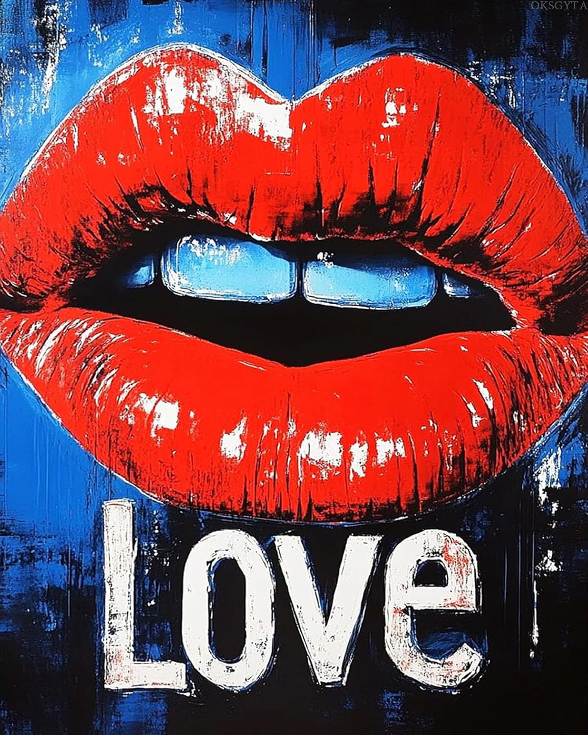 OKSGYTA Red Lip Pop Art Paint by Numbers Kits 16x20 inch Canvas DIY Oil Painting for Adults with Brushes and Acrylic Pigment Graffiti Love Mouth Abstract Art Picture for Home Decor (Without Frame)
