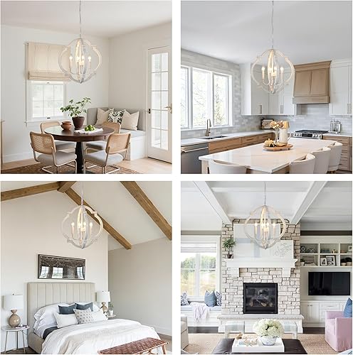 Miniatura 7 de Lámpara de araña blanca para comedor - Lámpara colgante moderna de 4 luces, luces colgantes de madera rústica para cocina, isla, sala de estar,