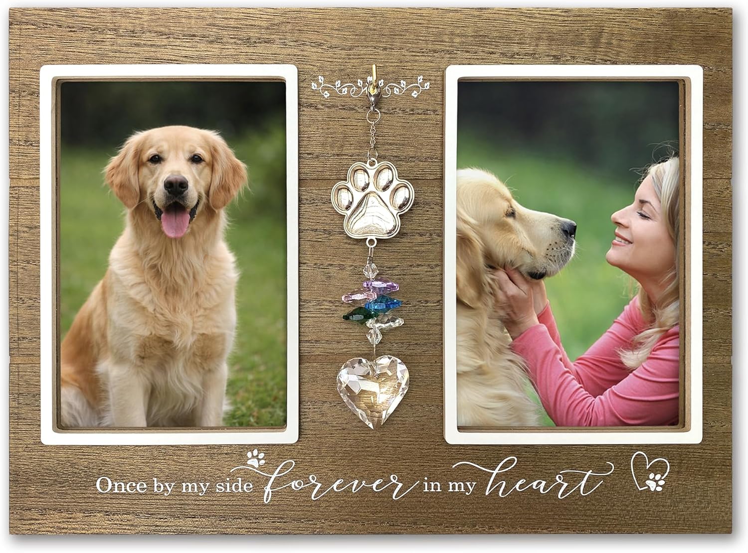 A’arkaJ Dog Memorial Gift, Pet Memorial Picture Frame with K9 Crystal Heart Charm, Double 4×6 Photo Frame for Dog or Cat Loss, Pet Loss Sympathy Gift