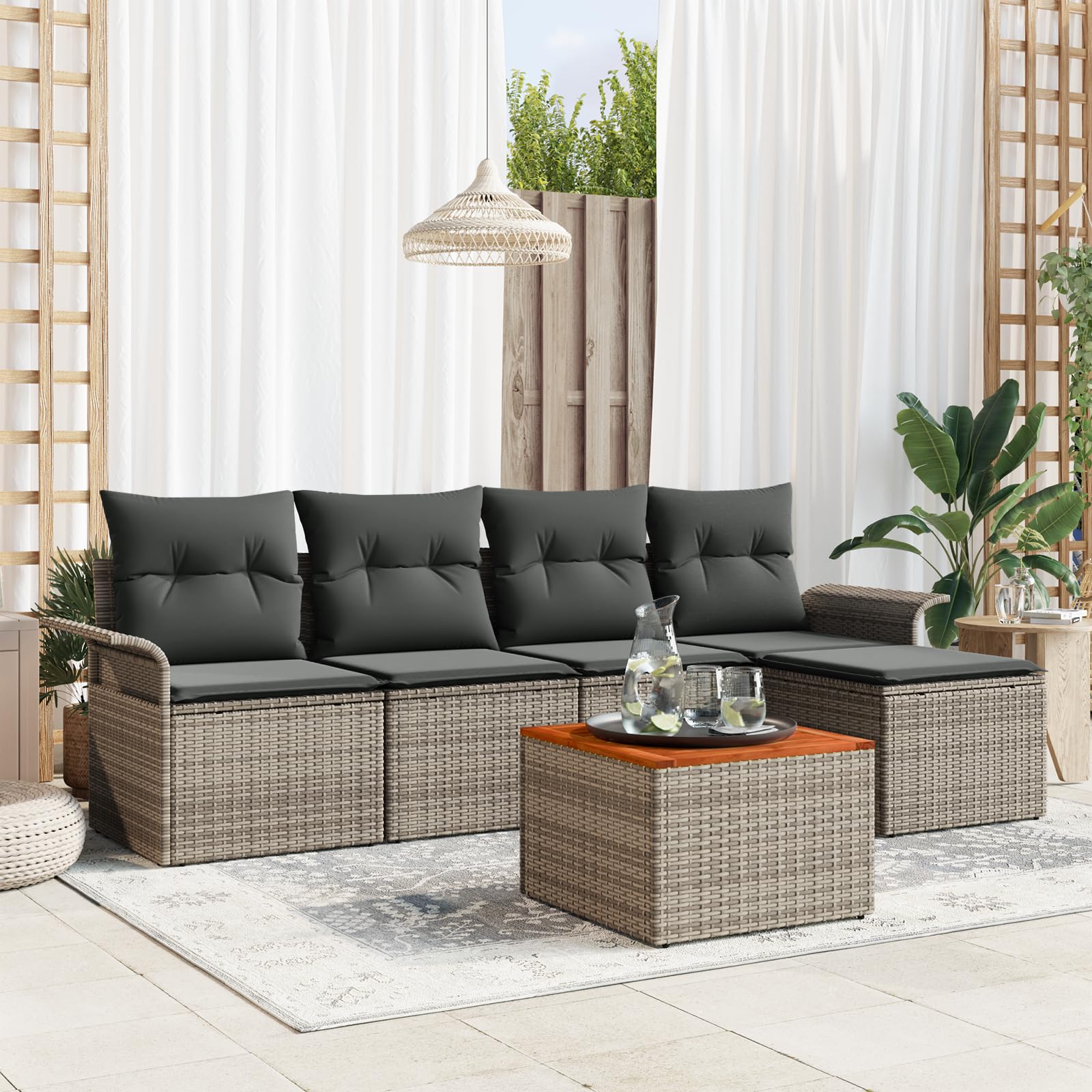 Juego de 6 sofás de jardín con cojín gris ratán acacia muebles de exterior acogedor sofá de jardín modular sofá de jardín