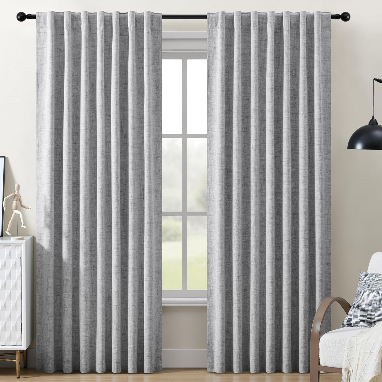 Miss Seletex 100% Blackout Bedroom Curtains Energy Efficient Curtains 96 Inch Long Room Darkening Curtains Linen Textured for Living Room Rod Pocket & Back Tabs Window Treatments, Light Grey, 2 Panels