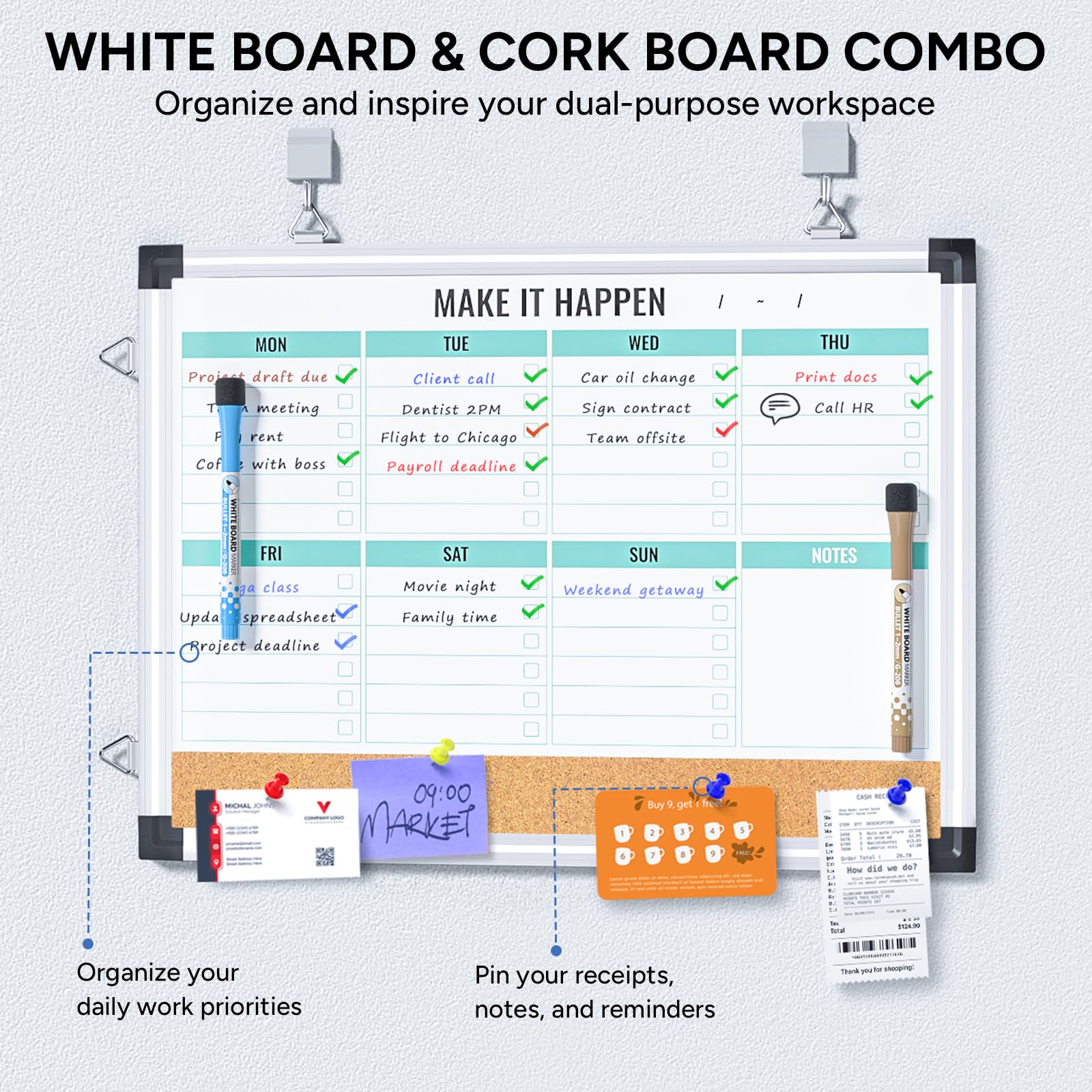 Marsrock Weekly Calendar Whiteboard and Cork Board Combo for Wall, 17"x13" Reversible Hanging Dry Erase Board, Double Sided White Board with Aluminum Frame for Planning, Office, Kitchen, School, Home - Image 2