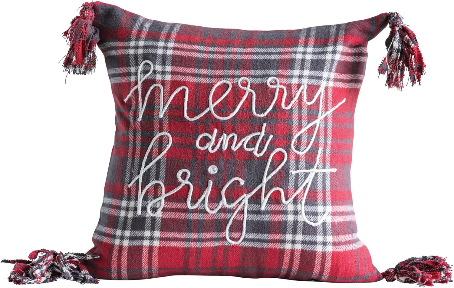 Creative CoOp 18" Square Cotton Plaid Embroidered Merry