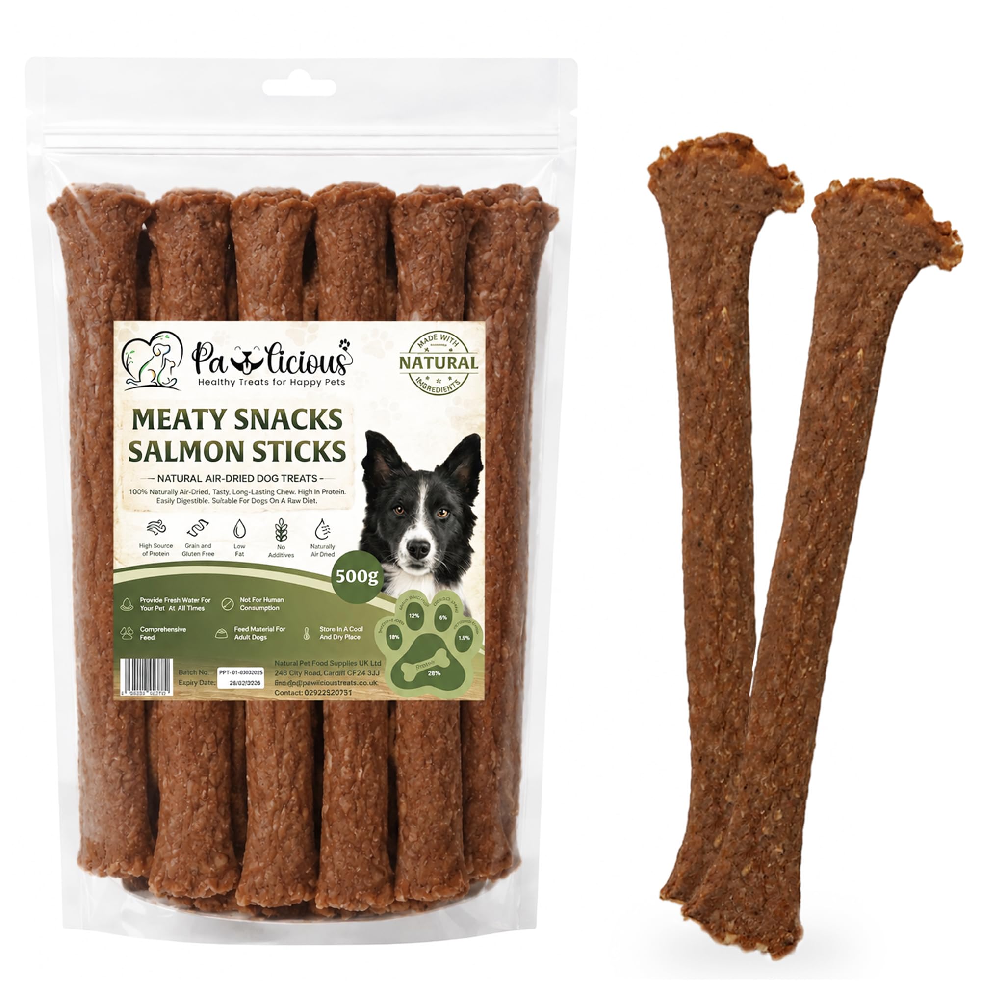 Pawlicious Salmon Sticks 500g, Natural Air-Dried Dog Treats, Omega 3 for Skin and Coat, Grain Free, Hypoallergenic, Soft Training Snacks, No Artificial Additives, All Life Stages