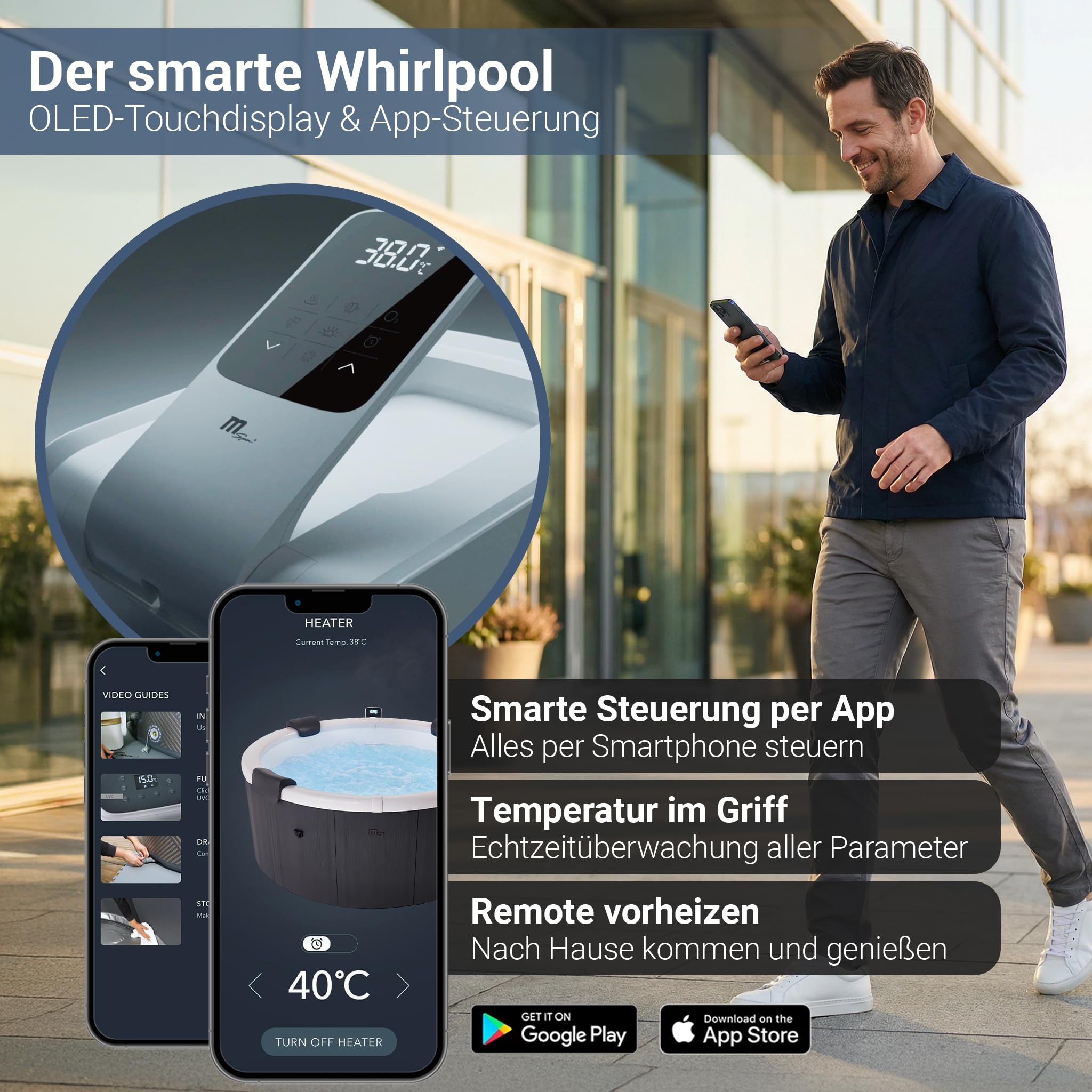 Miweba Whirlpool MSpa Denver mit Fester Außenwand | 6 Personen Spa Ø182x70cm | RGB LED-Beleuchtung | App Steuerung | 130 Massagedüsen | Ganzjähriger Einsatz Winterfest | In & Outdoor Pool | Gartenpool