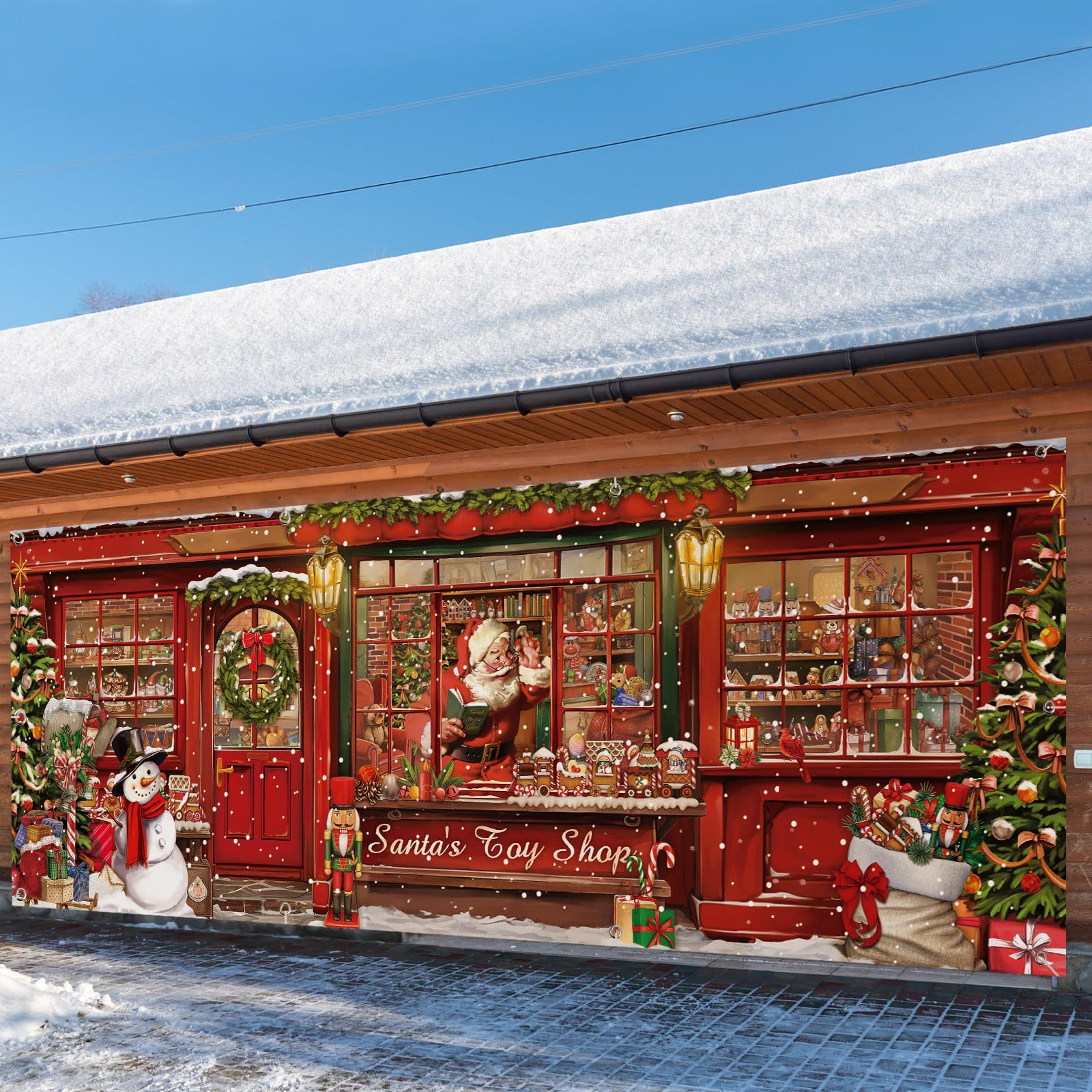 Wovweave Christmas Garage Door Banners Santa's Toy Shop Garage Outdoor