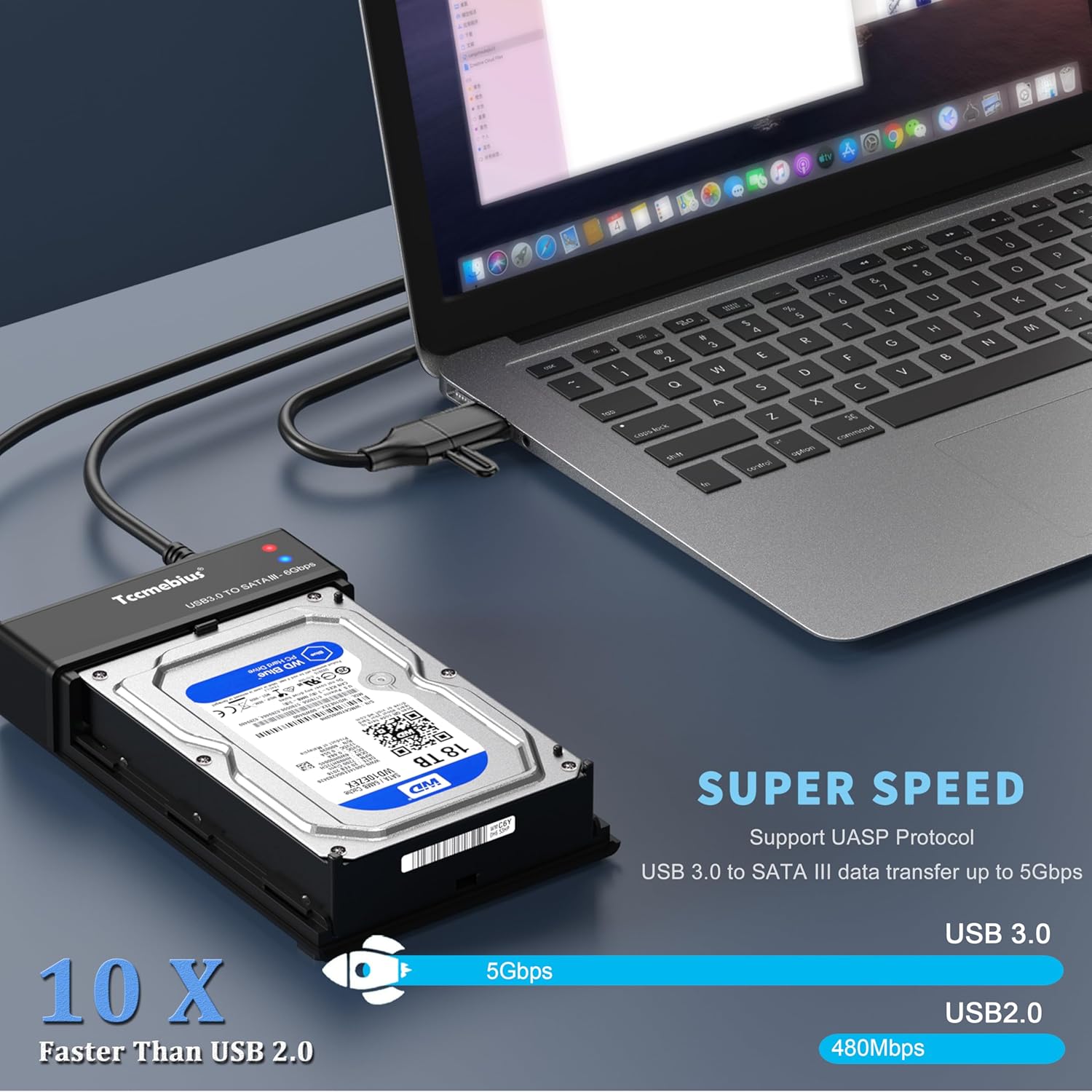 Laptop connected to the TCC-S8 enclosure with a hard drive, illustrating UASP Super Speed data transfer up to 5Gbps.