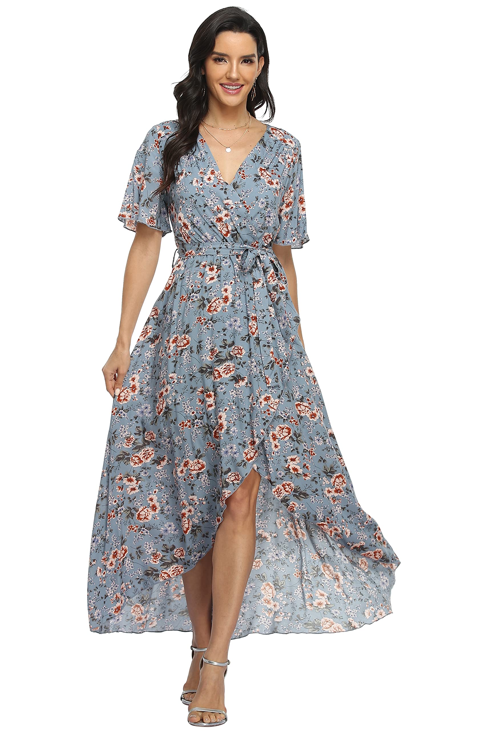 VintageClothing Women's Wrap V Neck Floral Summer Dresses High Low Casual