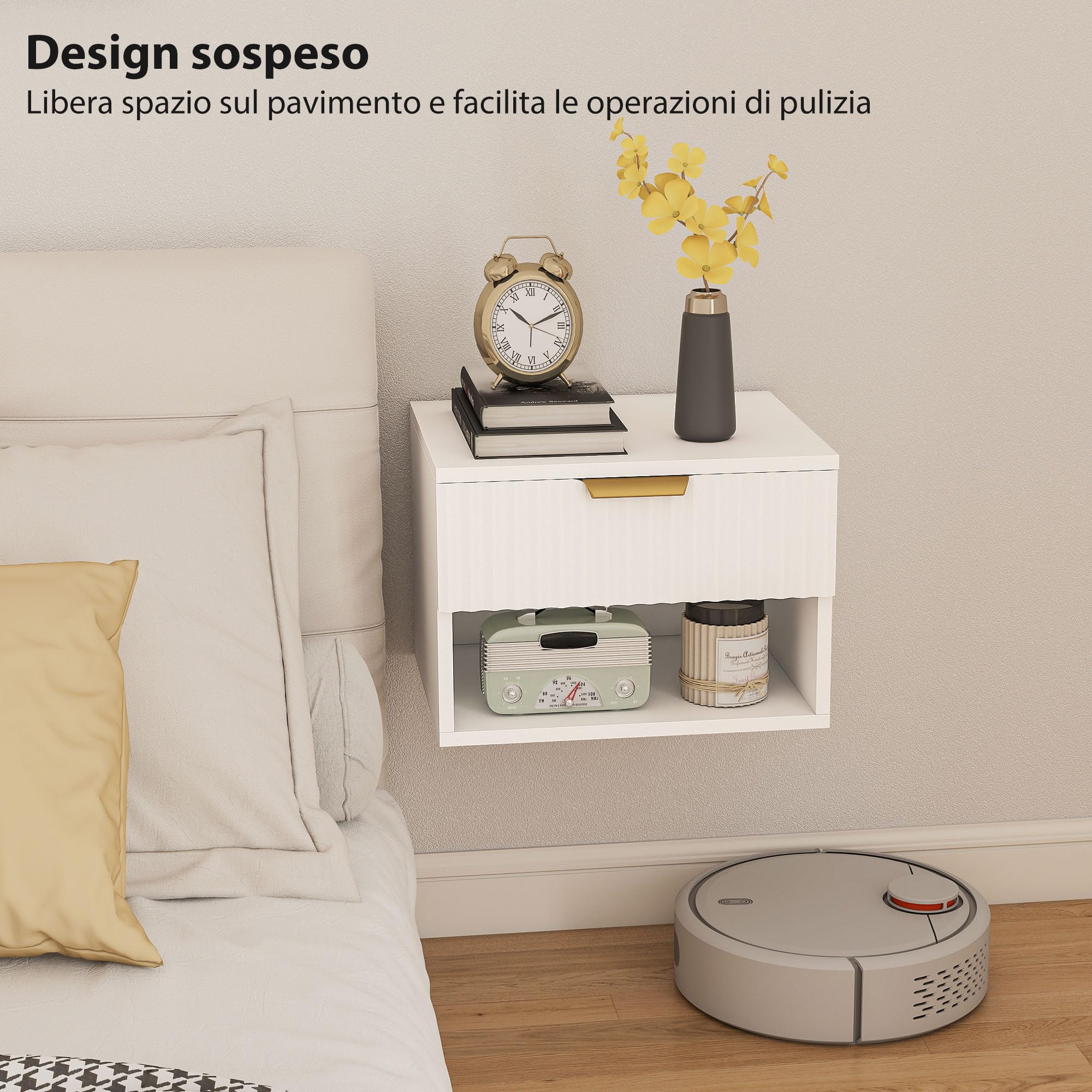 HOMCOM Set di 2 Comodini Camera da Letto Sospesi, 40x34x29 cm Bianco | Pannelli Scanalati, Coppia di Comodini Moderni, Cassetto e Ripiano