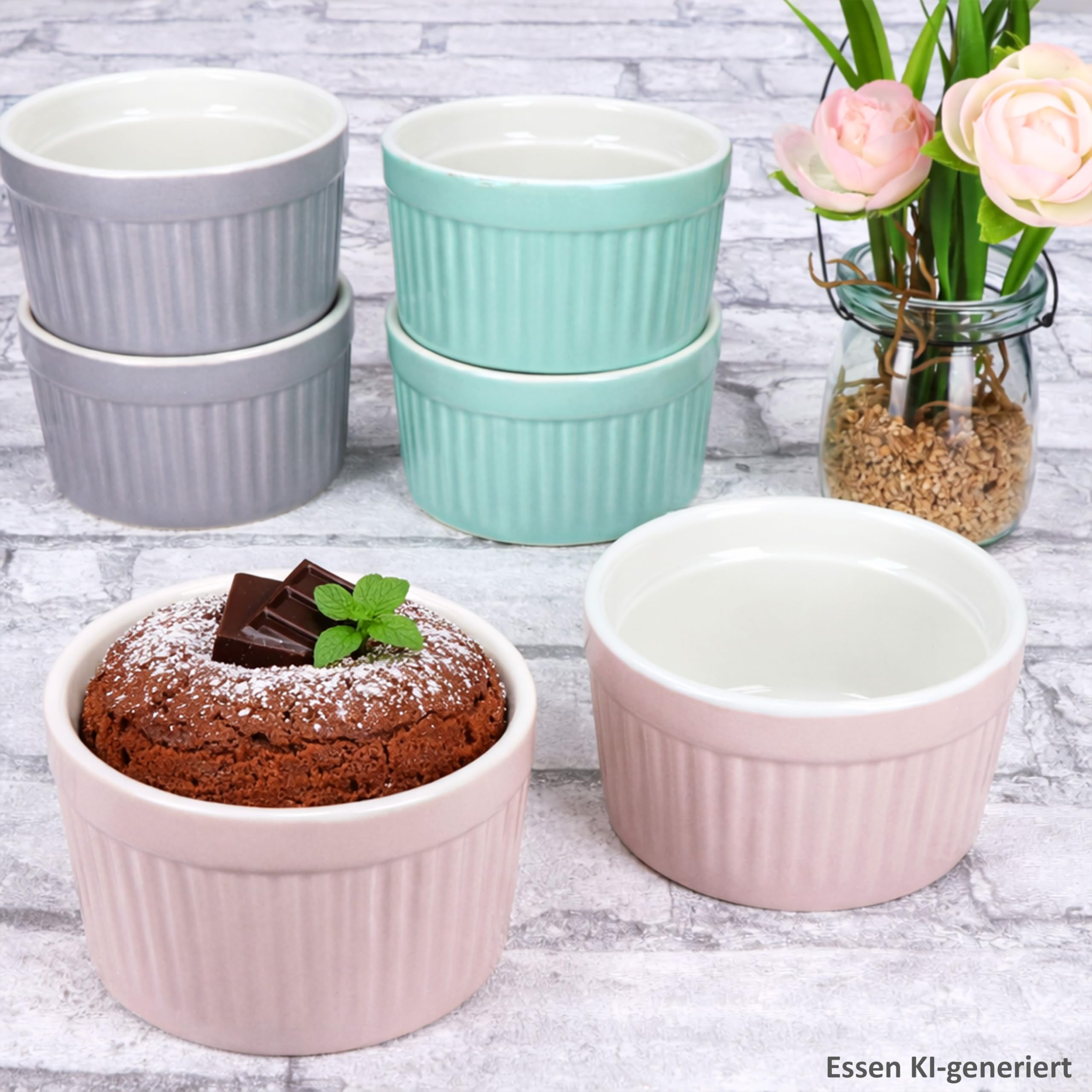 MamboCat Emilia 24er Set Soufflé Förmchen I 125ml, Ø8,8cm I je 6X rosa, türkis-blau, hellblau & grau I Porzellan Mini Backformen rund I für Crème Brûlée, kleine Aufläufe & Dessert