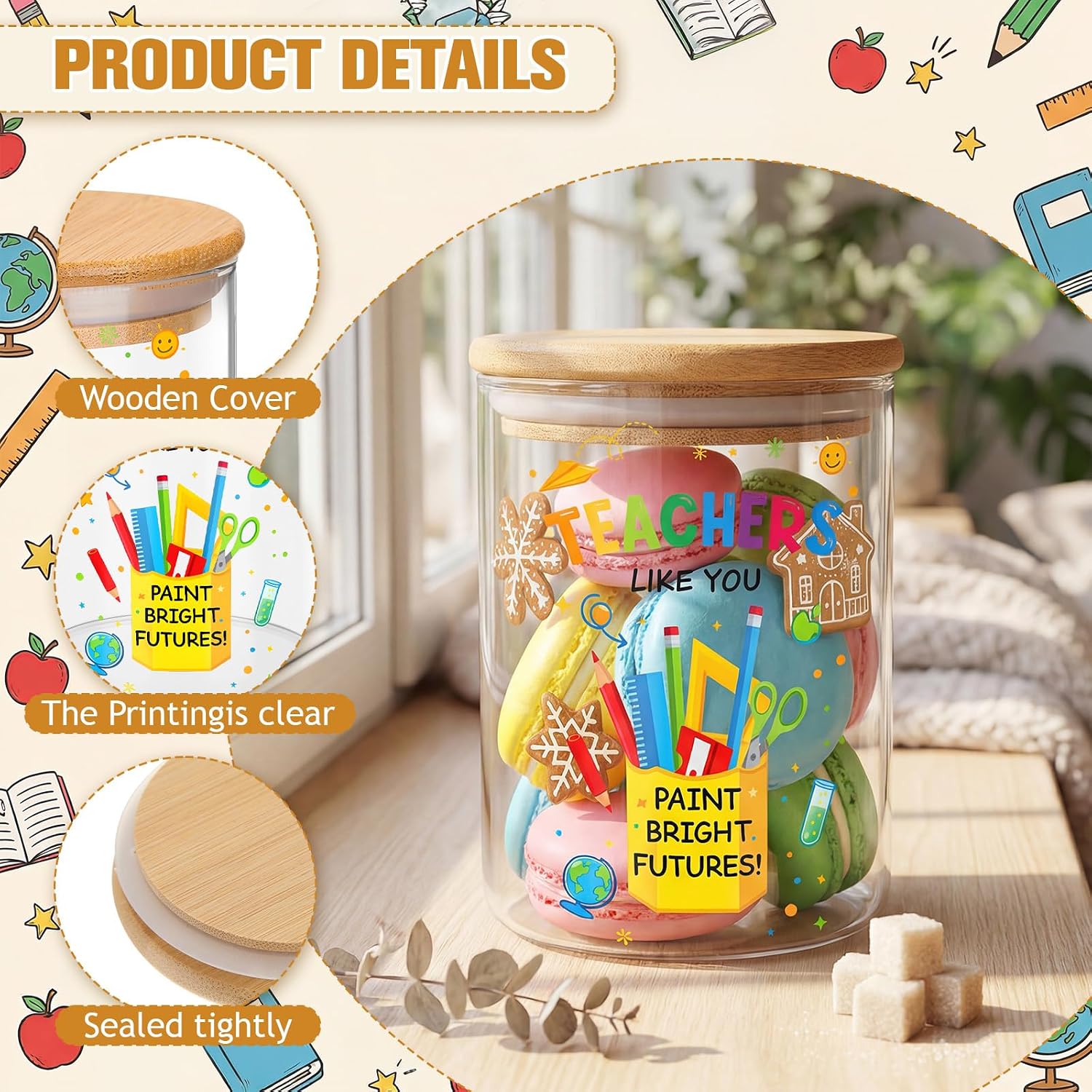 Yungyan 3 Pcs Teacher Appreciation Gift Set Glass Storage Jar with Cards Organza Bags Ideal for Storing Throat Lozenges Tea Bags, Organization & Thoughtful Teacher Gift Containers image 3