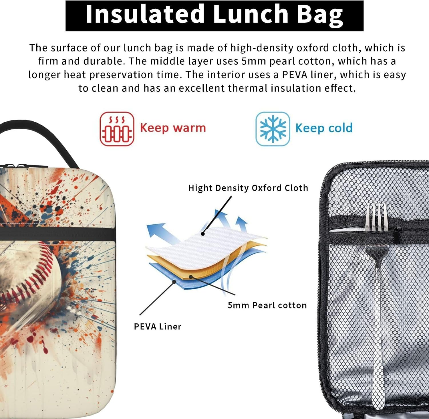 Insulated Lunch Box for Boys Kids Men Baseball Lunch Bag for Work,Picnic,School,Travel,Hiking, Beach or Fishing Polyester Baseball Lunch Box