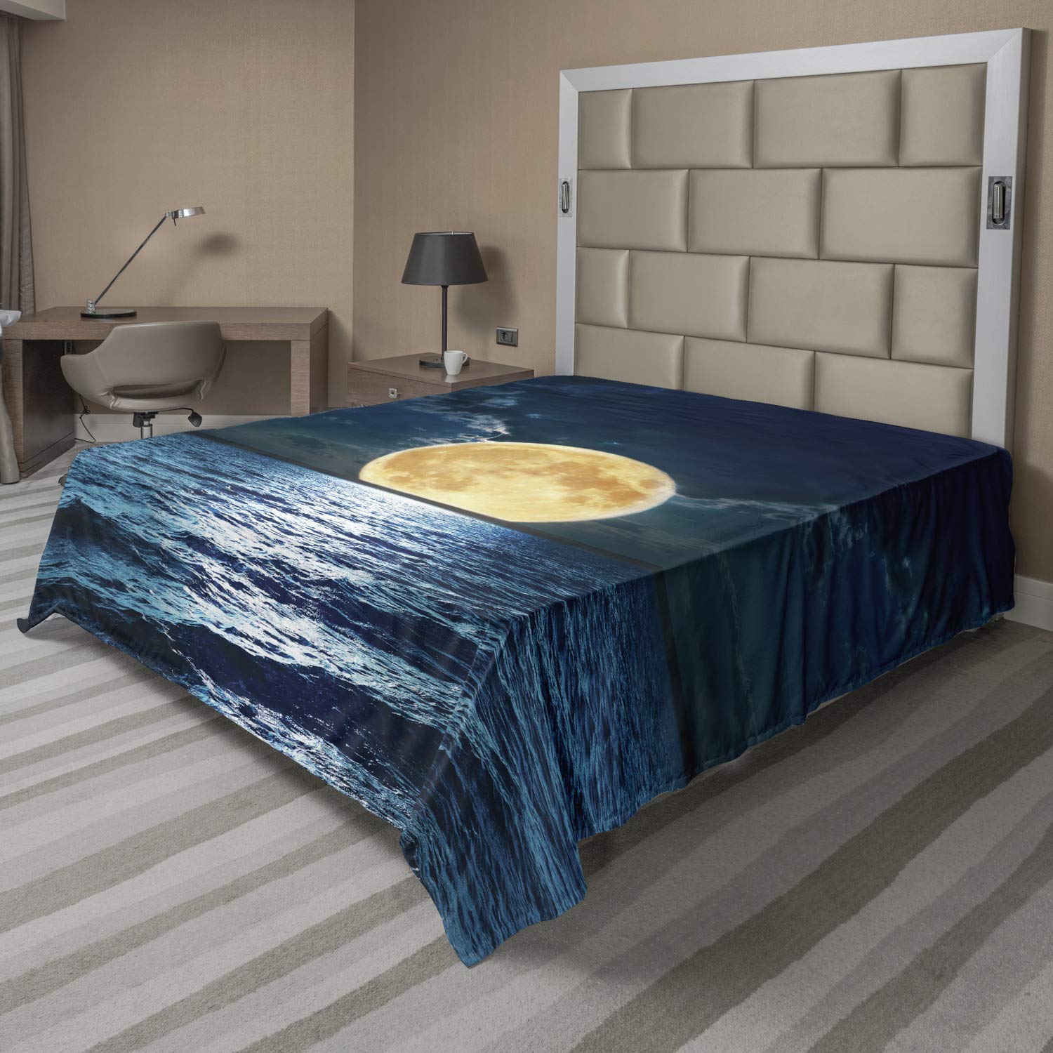 Ambesonne Ocean Flat Sheet, Super Moon Over Ocean Surface Midnight View Dreamy Mystic Picture Print, Soft Comfortable Top Sheet Decorative Bedding 1 Piece, California King, Yellow Navy