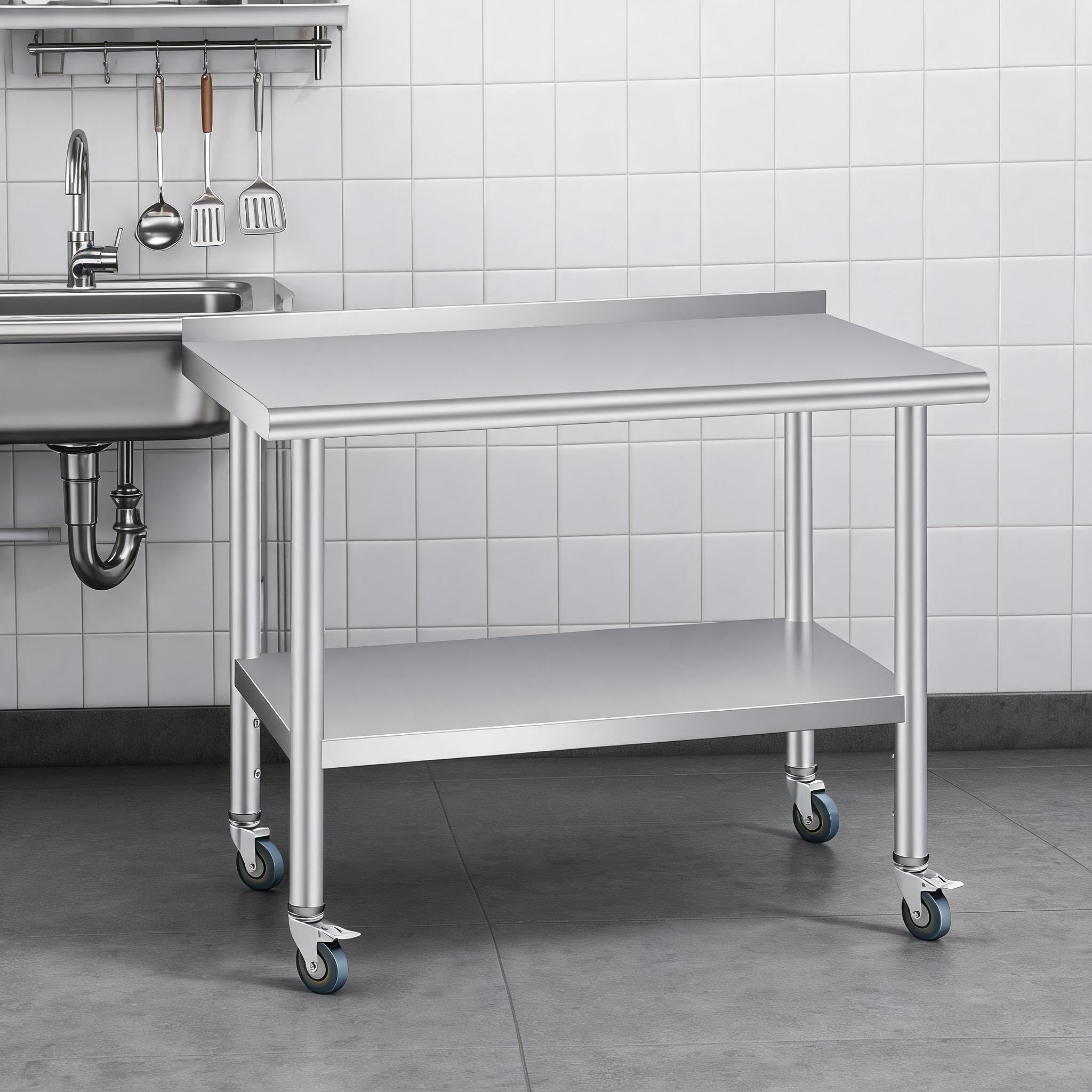 GarveeMore Stainless Steel Prep & Work Table with Backsplash - Heavy Duty Kitchen Worktable with Adjustable Undershelf - Perfect for Restaurant, Food Service, and Home - Size: 48x24 Inch