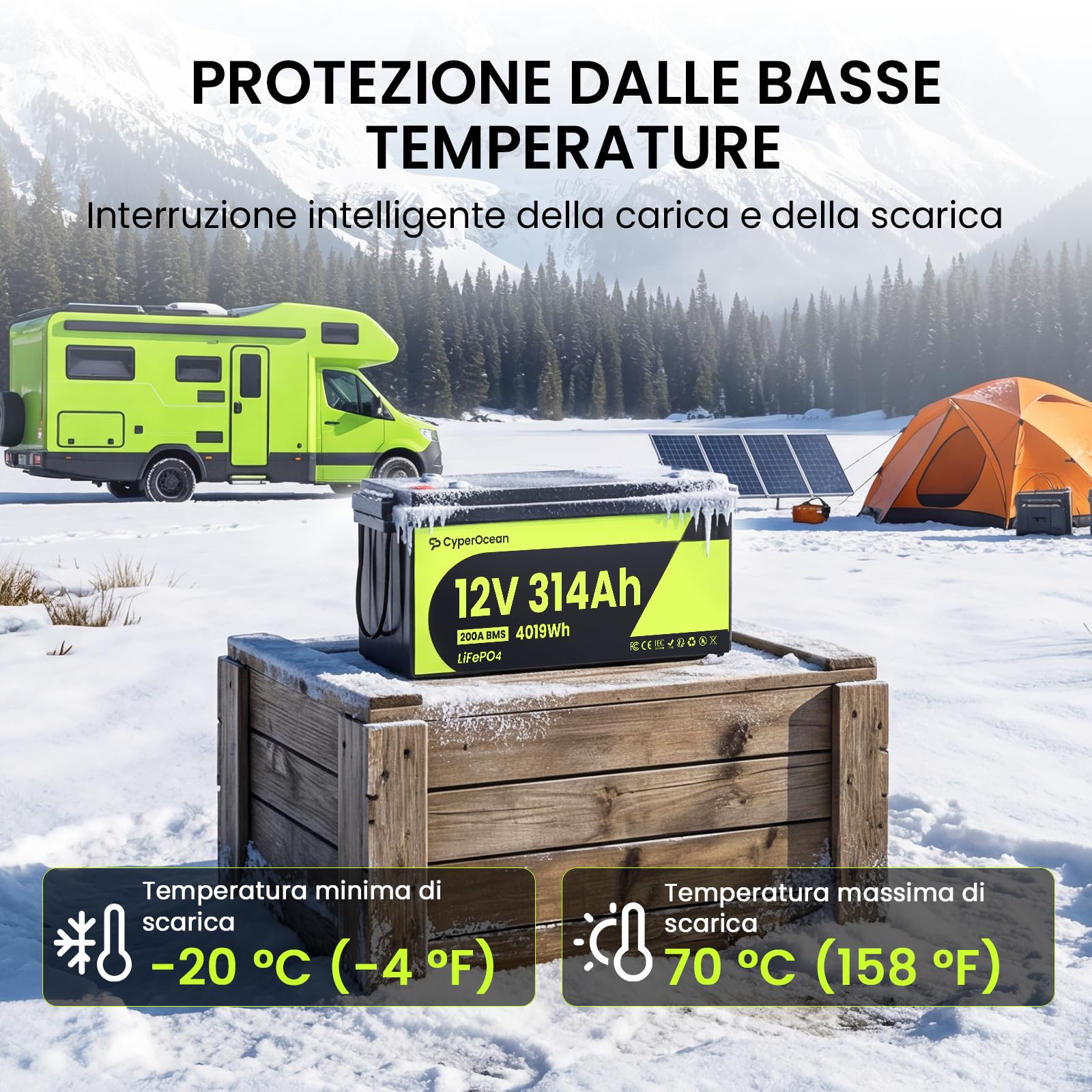 Batteria al Litio LiFePO4 12V 314Ah, Accumulatore Deep Cycle 4019Wh con Sistema BMS 200A, Celle Premium Grade A, Lunga Durata 6000+ Cicli, per Camper, Fotovoltaico, Barca, Off Grid Riserva