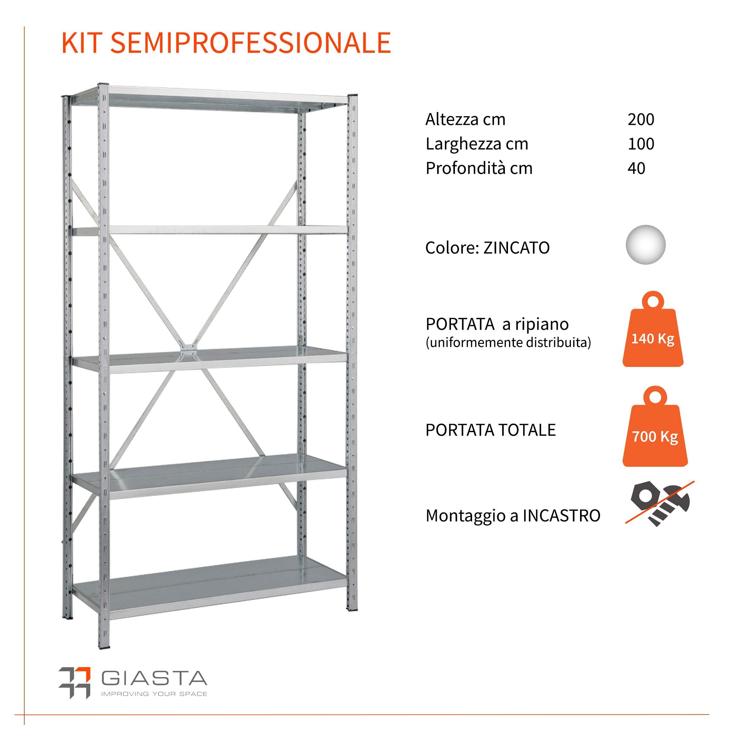 Scaffale PROFESSIONALE in metallo 5 ripiani cm L100xP40xH200, Portata 700 Kg, Zincato, Incastro Modulo BASE