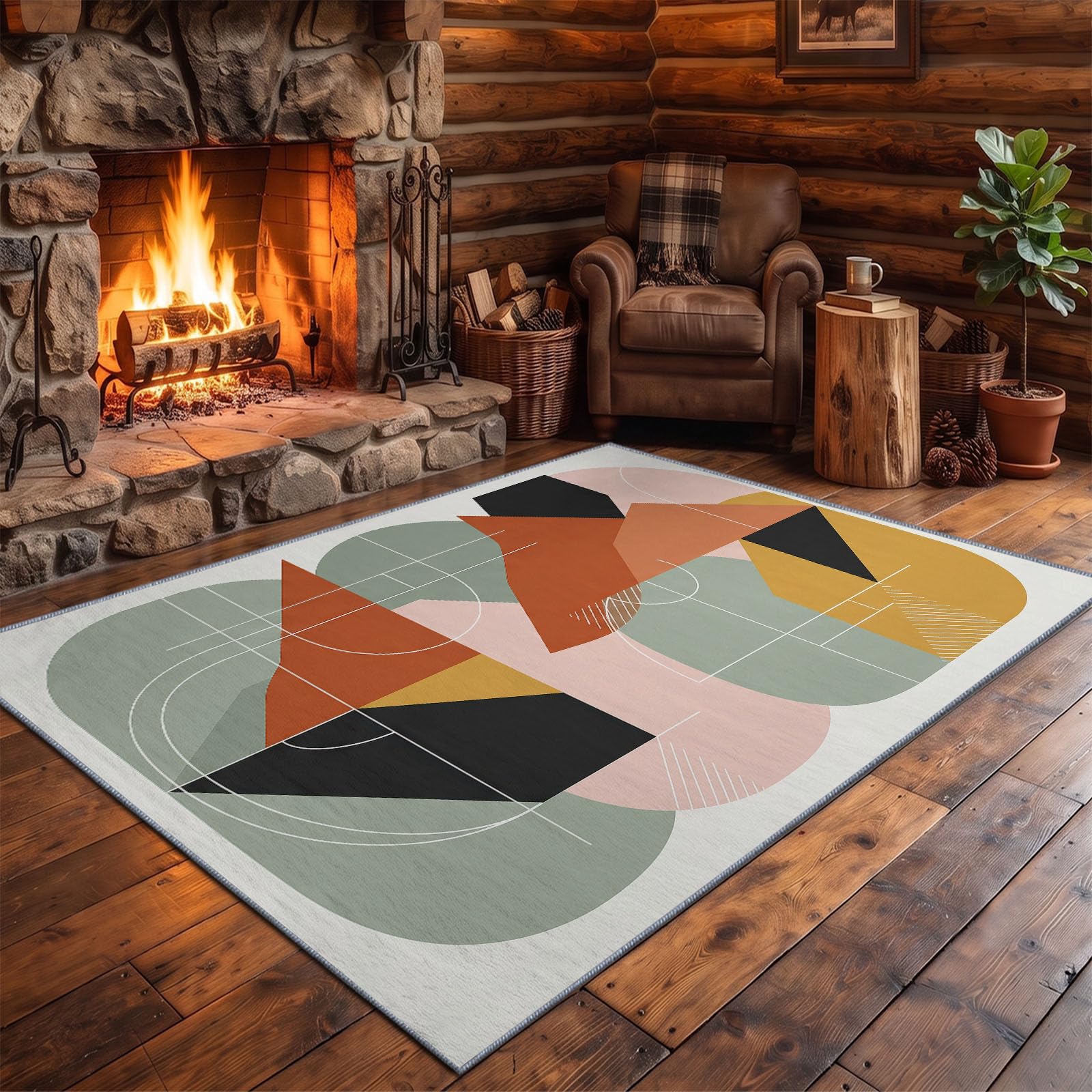 Tapis Lavable Machine Salon 80 x 150 cm, Antidérapant Sol Géométrique Abstrait Poil Bas Doux Collage Géométrique Bloc De Couleur Motif Chambre Cuisine Entrée Salle Détente Décoration Maison, Blanc