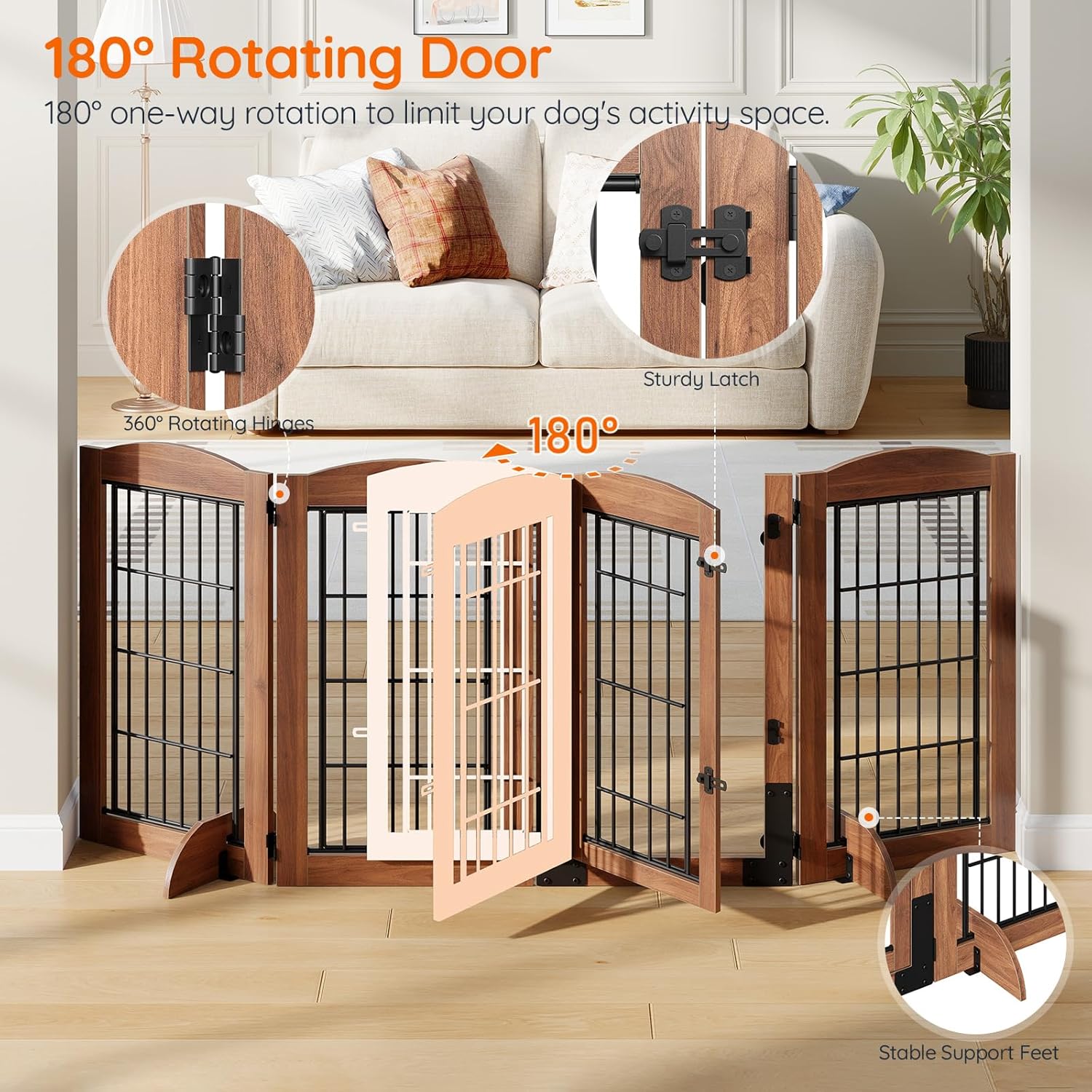 HOOBRO 32.7'' Tall Dog Gate with Door Walk Through, Freestanding Pet Gate with 2 Support Feet, Foldable Dog Fence Indoor, 360° Rotating Hinges, for Doorways, Stairs, Walnut BH86PP03