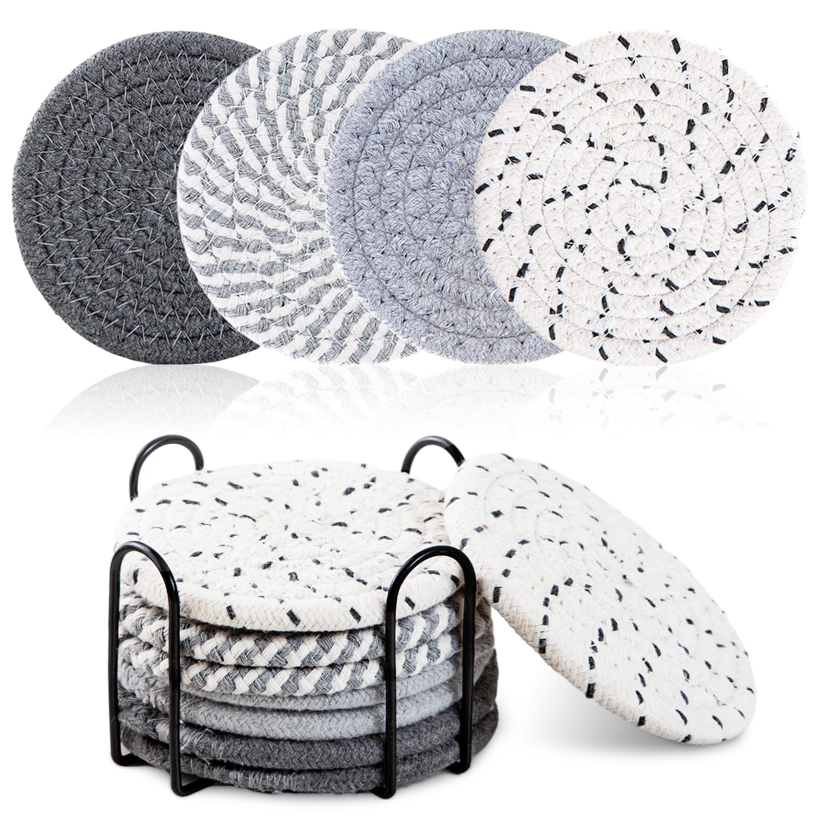 ComfortAce Absorbent Coasters for Drinks, 8 Pack Boho Cotton Coaster Set for Coffee Table, Stylish Natural Material Home Decor, Color Cup Coasters with Holder, Twilight Gray