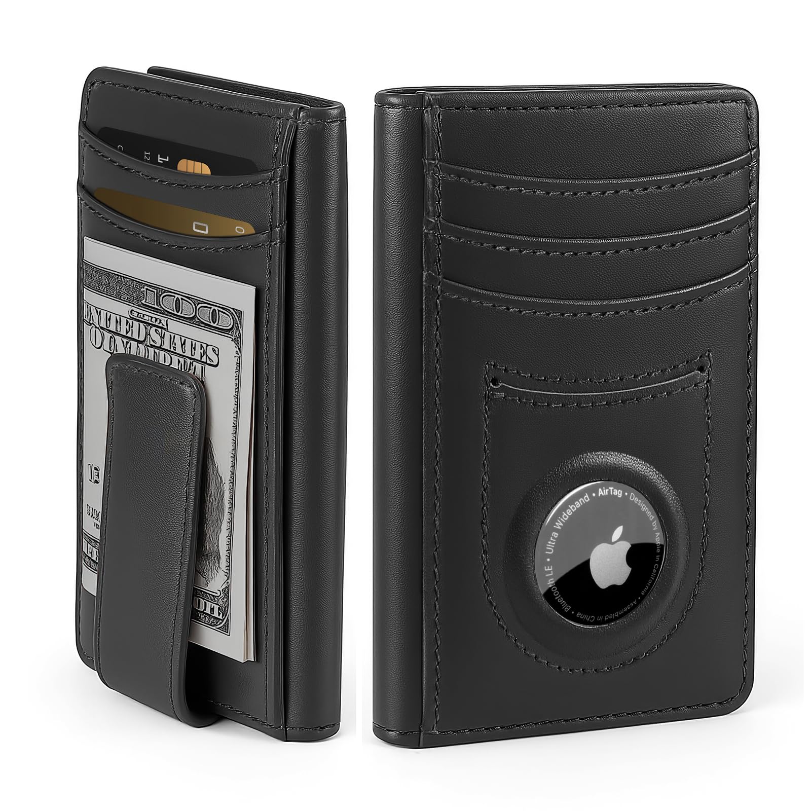 ALLIVE Airtag wallet for men- Genuine Leather Mens Wallet with Money Clip RFID Blocking Slim Billfold with Built-in AirTag Holder,9 Card Slots,