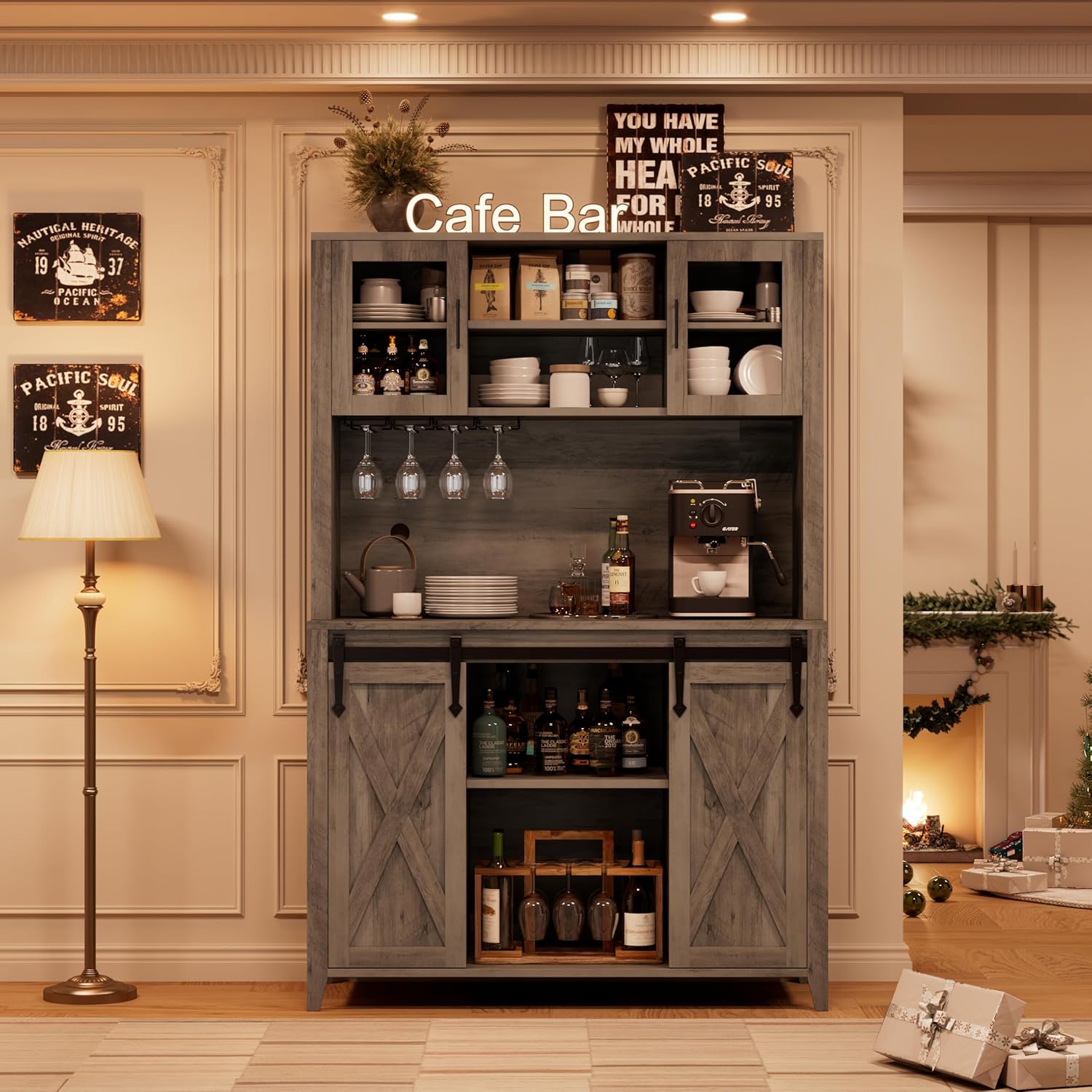 IDEALHOUSE 70'' Wine Coffee Bar Cabinet with Storage Hutch, Tall Kitchen Pantry Liquor Cabinet with Sliding Barn Doors, Bottle Glasses Rack, Farmhouse Buffet for Home Dining Room, Gray Oak