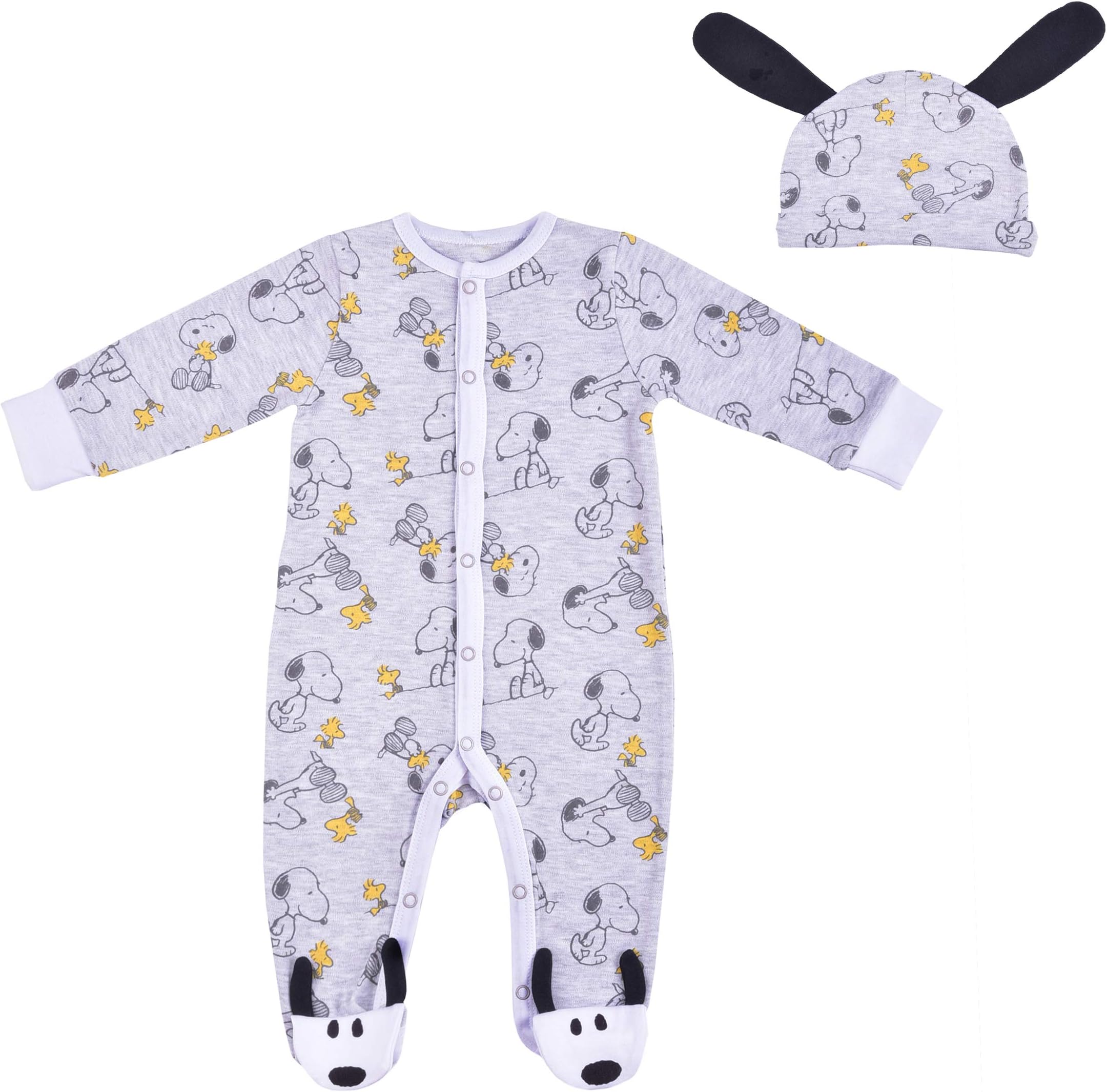 PeanutsSnoopy Boys Coverall Footed Romper and Hat Set for Newborn and Infants
