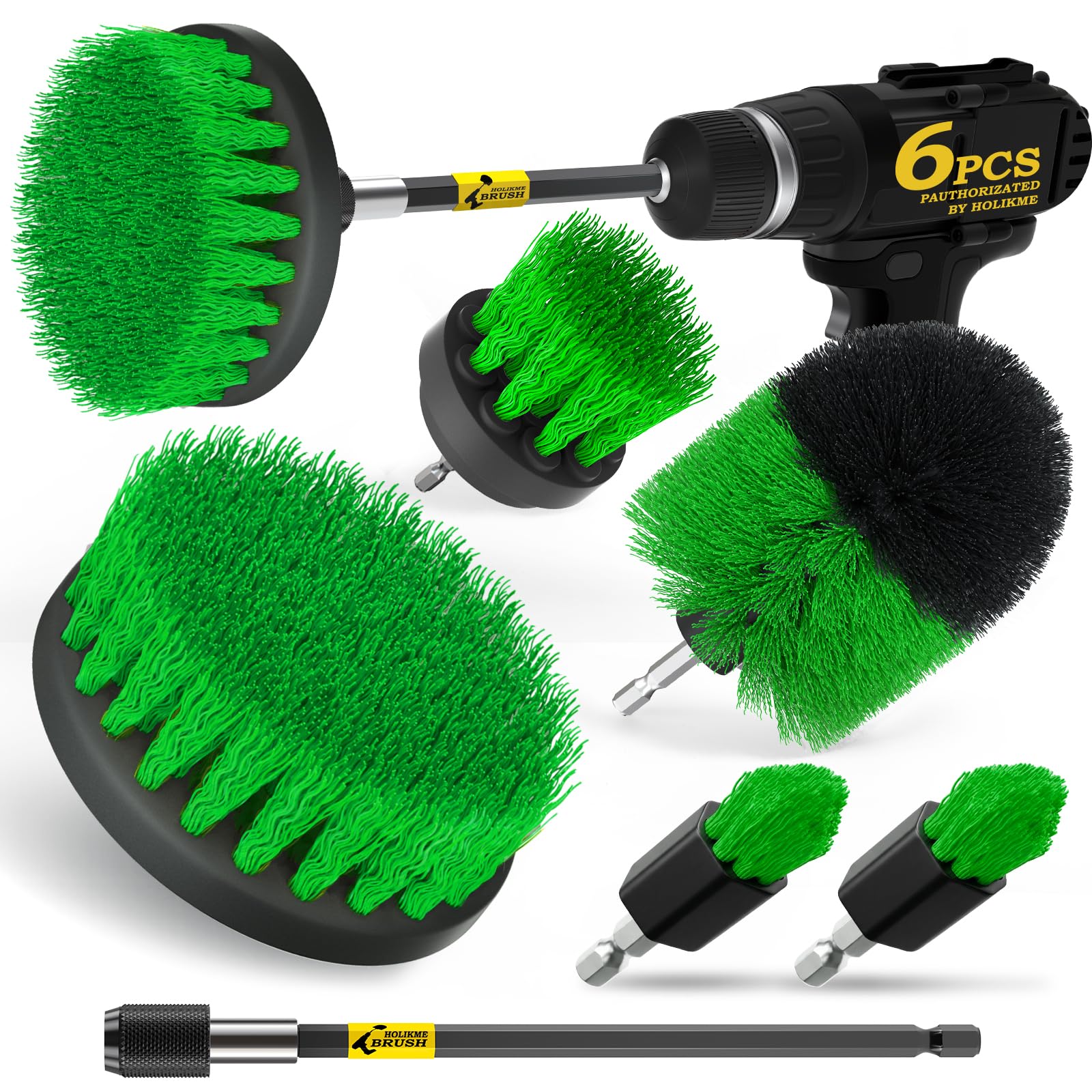 Holikme 6Pack Drill Brush Power Scrubber Cleaning Brush Extended Long Attachment Set All Purpose Drill Scrub Brushes Kit for Grout, Floor, Tub, Shower