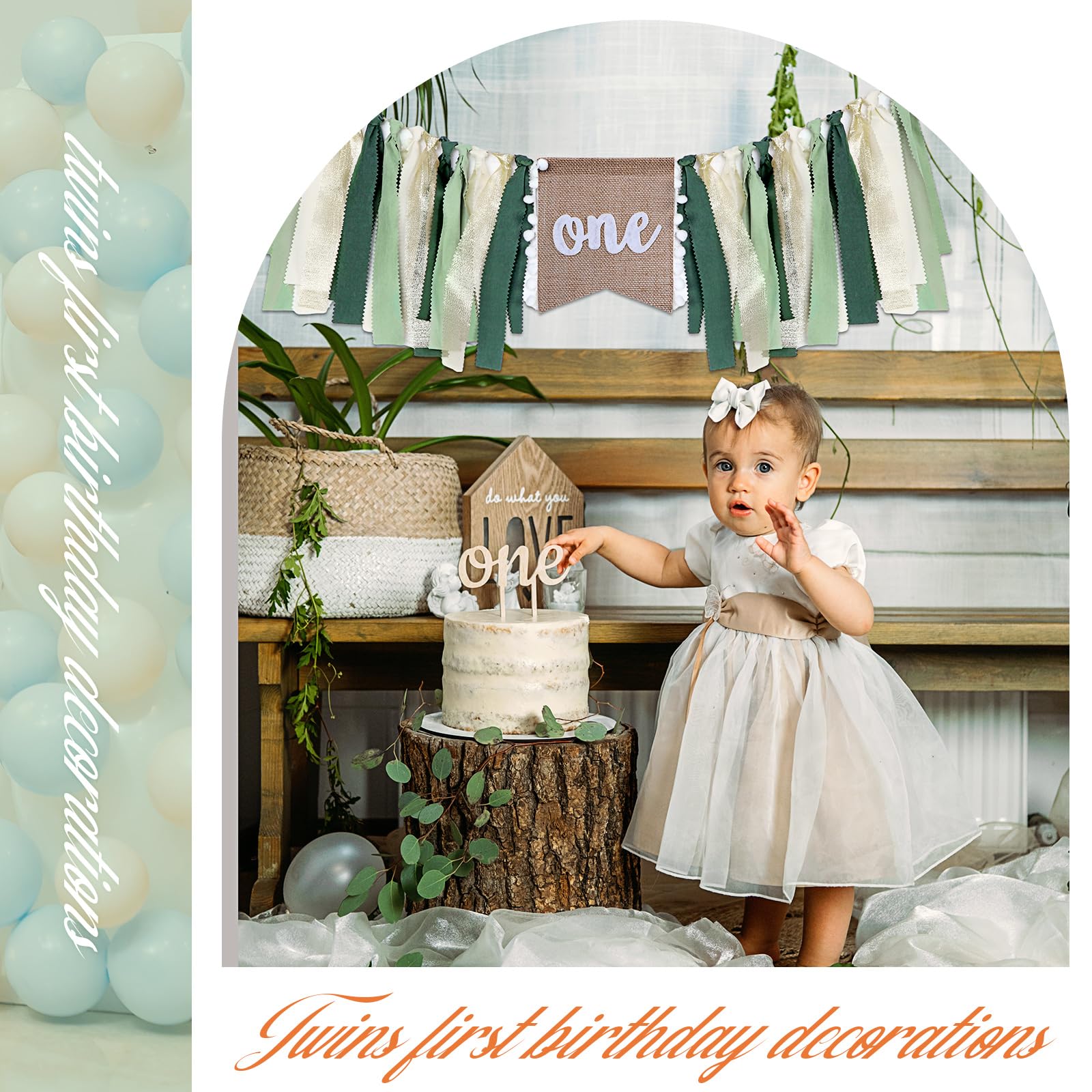 Buryeah 'ONE' 1st Birthday Highchair Banner - 80 Inch Linen Garland For Baby Girls & Boys Party (Green Tan)