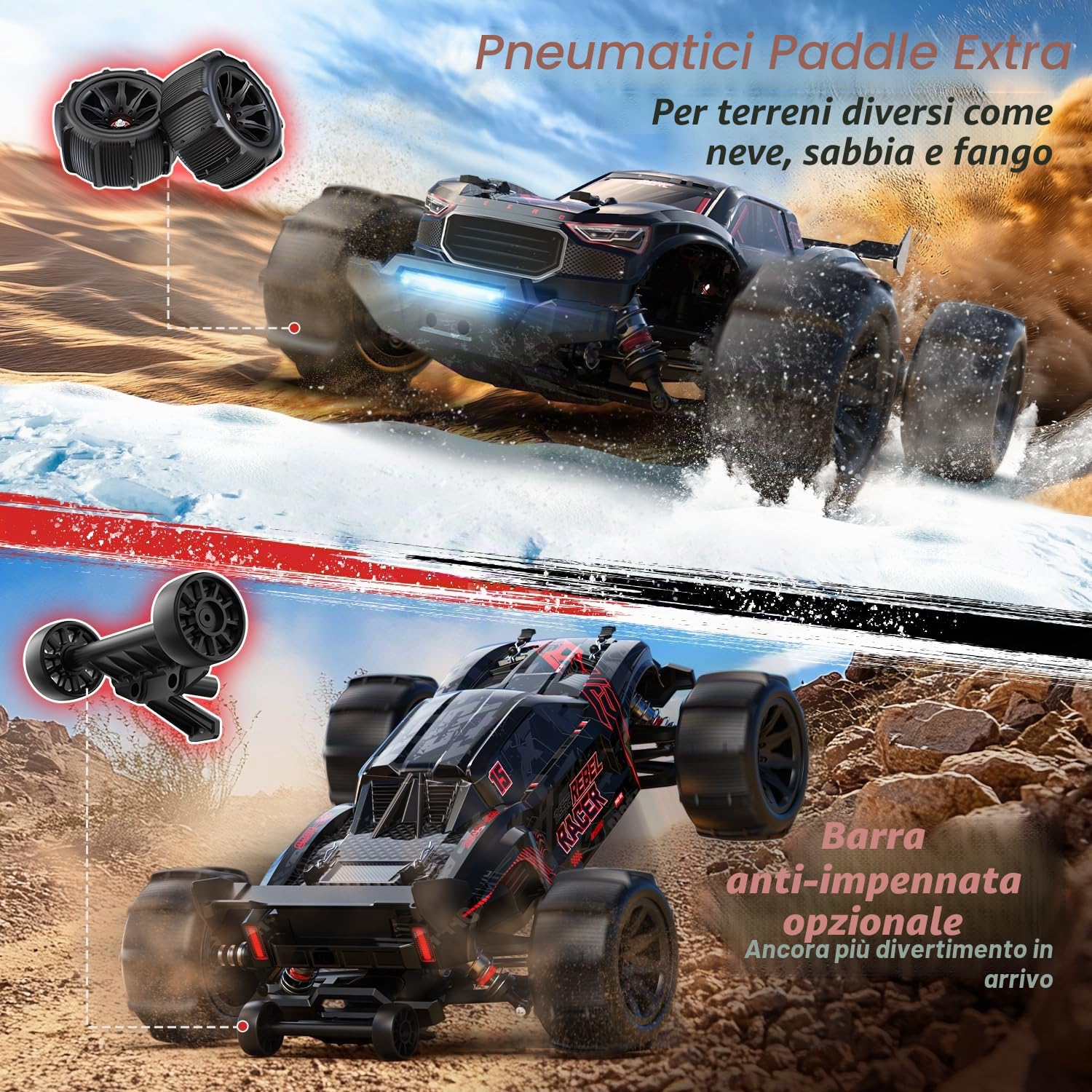 DEERC Auto radiocomandata senza spazzole 1:14 per adulti, 46 mph off-road, 2 x 3S Lipo, 4WD impermeabile, 7 modalità di luce, auto radiocomandata ad alta velocità, fuoristrada per neve, sabbia e fango
