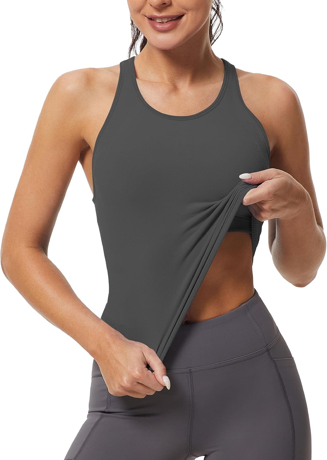 MathCat Workout Tank Tops for Women Racerback Basic Running Tanks Seamless Muscle Athletic Yoga Tops with Built in Bra Medium Grey