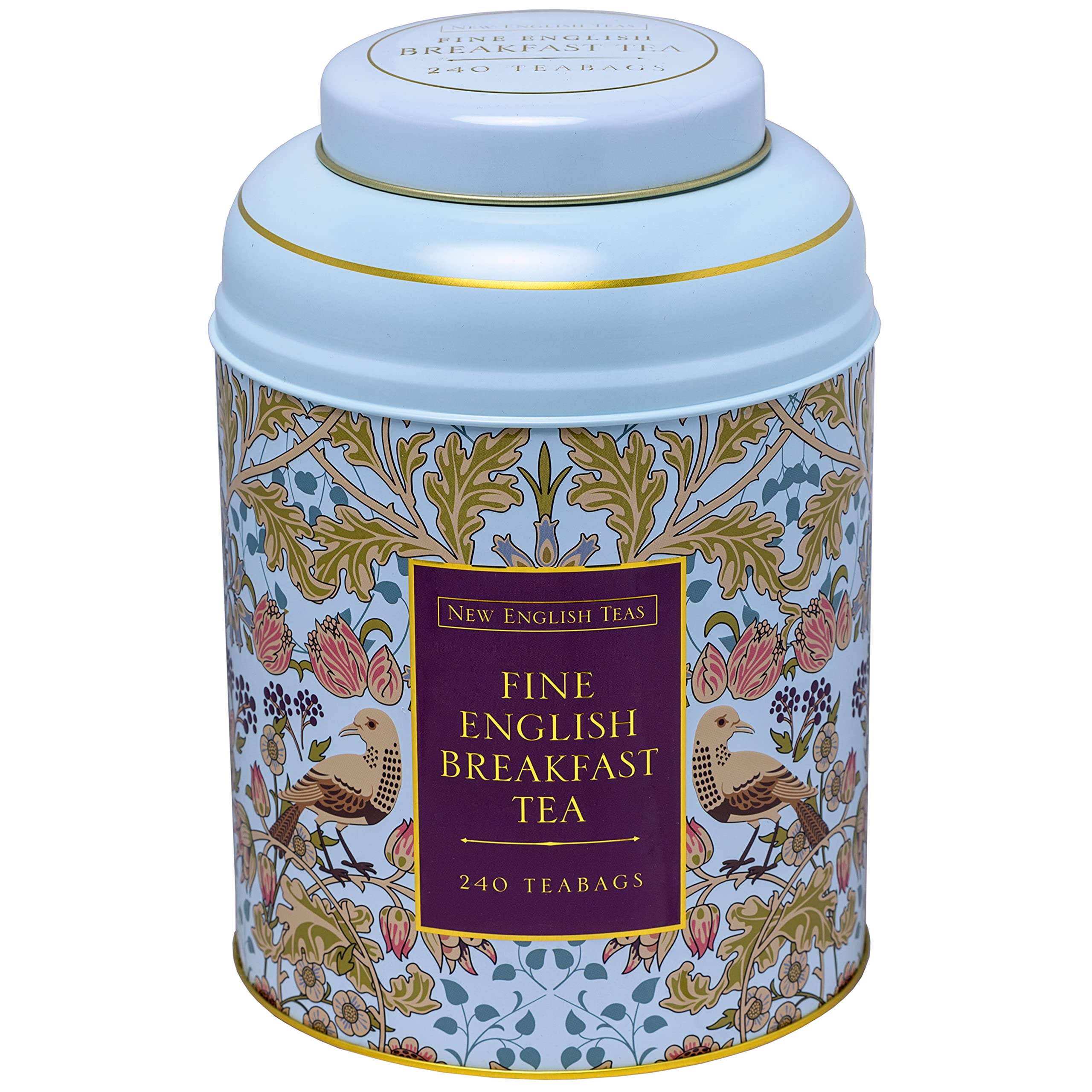 New English Teas Song Thrush & Berries Tea Caddy in Pale Blue with 240 English Breakfast Teabags