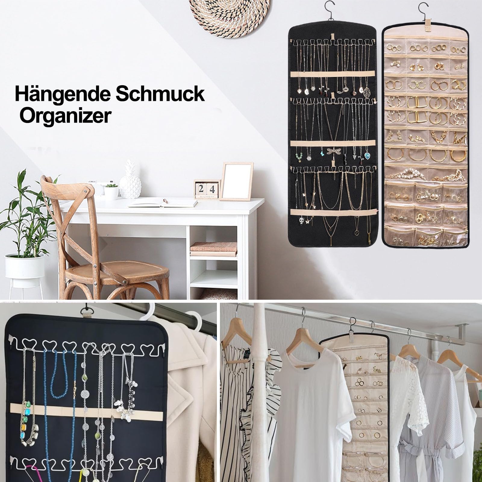 Hanging Jewelry Organizer per Armadio, Organizer per Gioielli Appeso, Organizzatore di Gioielli da Appendere, Storage Doppia Faccia per Gioielli, con 39 Scomparti e 3 Ganci a Forma di Onda, Rosa