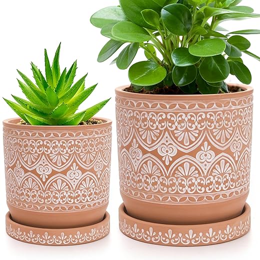 Suwimut Set of 2 Terracotta Plant Pots 4 Inch 6 Inch, Small Medium Clay Planter Pot, Ceramic Cactus Flower Succulent Pot with Drainage Hole and Saucer for Indoor Outdoor Plants