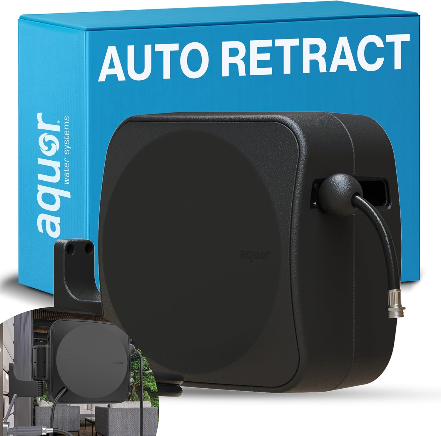 Aquor Retractable Garden Hose Reel, 80ft x 5/8" Retractable Water Hose Reel, Automatic Rewind with Wall Mount, 180° Swivel, Heavy-Duty UV-Resistant Casing (Charcoal)