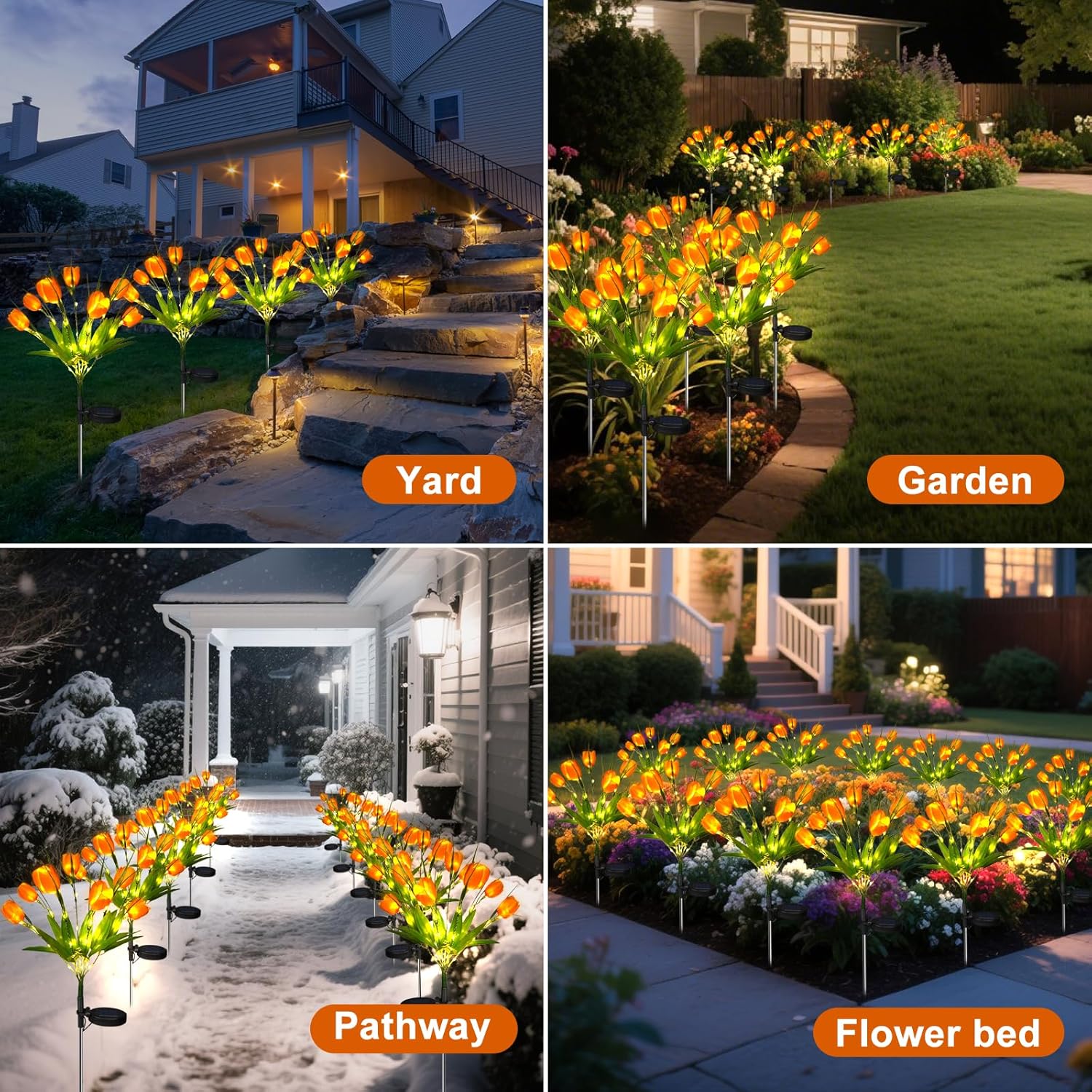 Aolyty Solar Garden Lights Outdoor, Solar Tulip Lights 2 Pack with 14 Tulip Flowers, IP65 Waterproof LED Stake Light for Pathway Patio Yard Landscape Decorative (Orange)