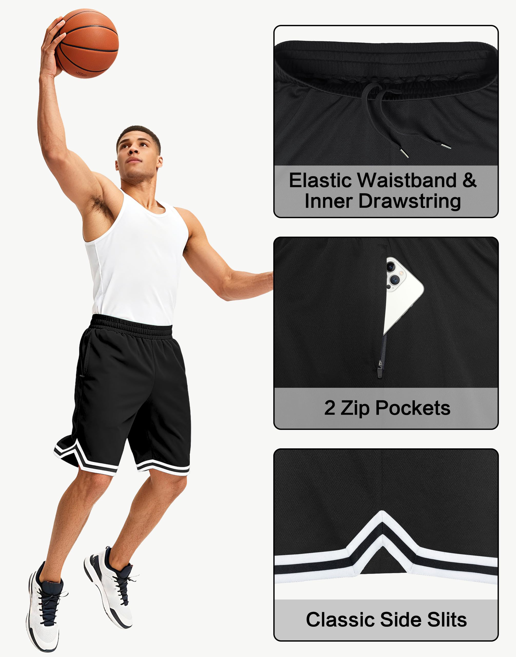 JWM Pantalones cortos de baloncesto para hombre de 11 pulgadas con bolsillos con cremallera, pantalones cortos deportivos de malla ligera de secado rápido para entrenamiento y correr