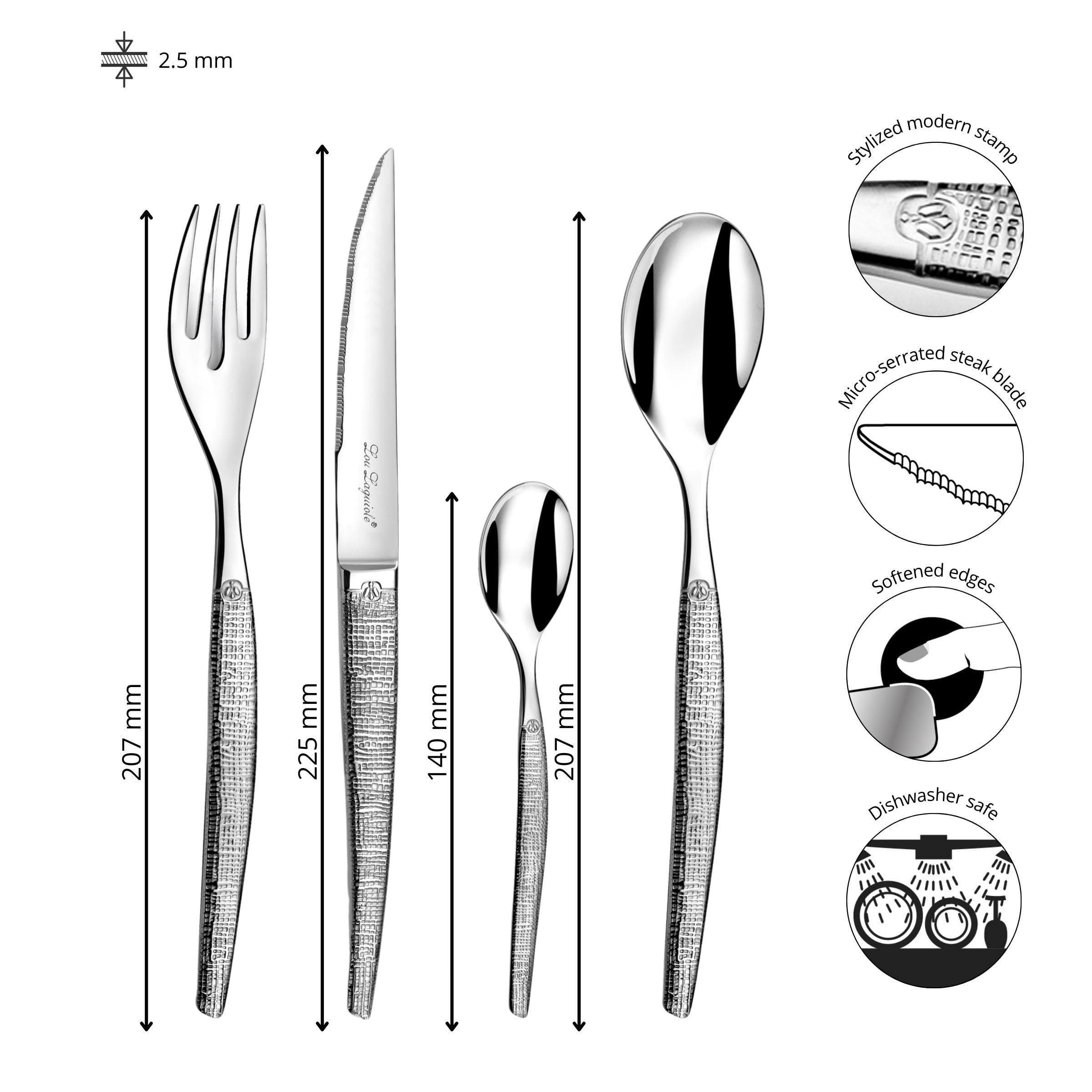 Lou Laguiole Jet Textil - 24-teiliges Besteckset mit Steakmessern