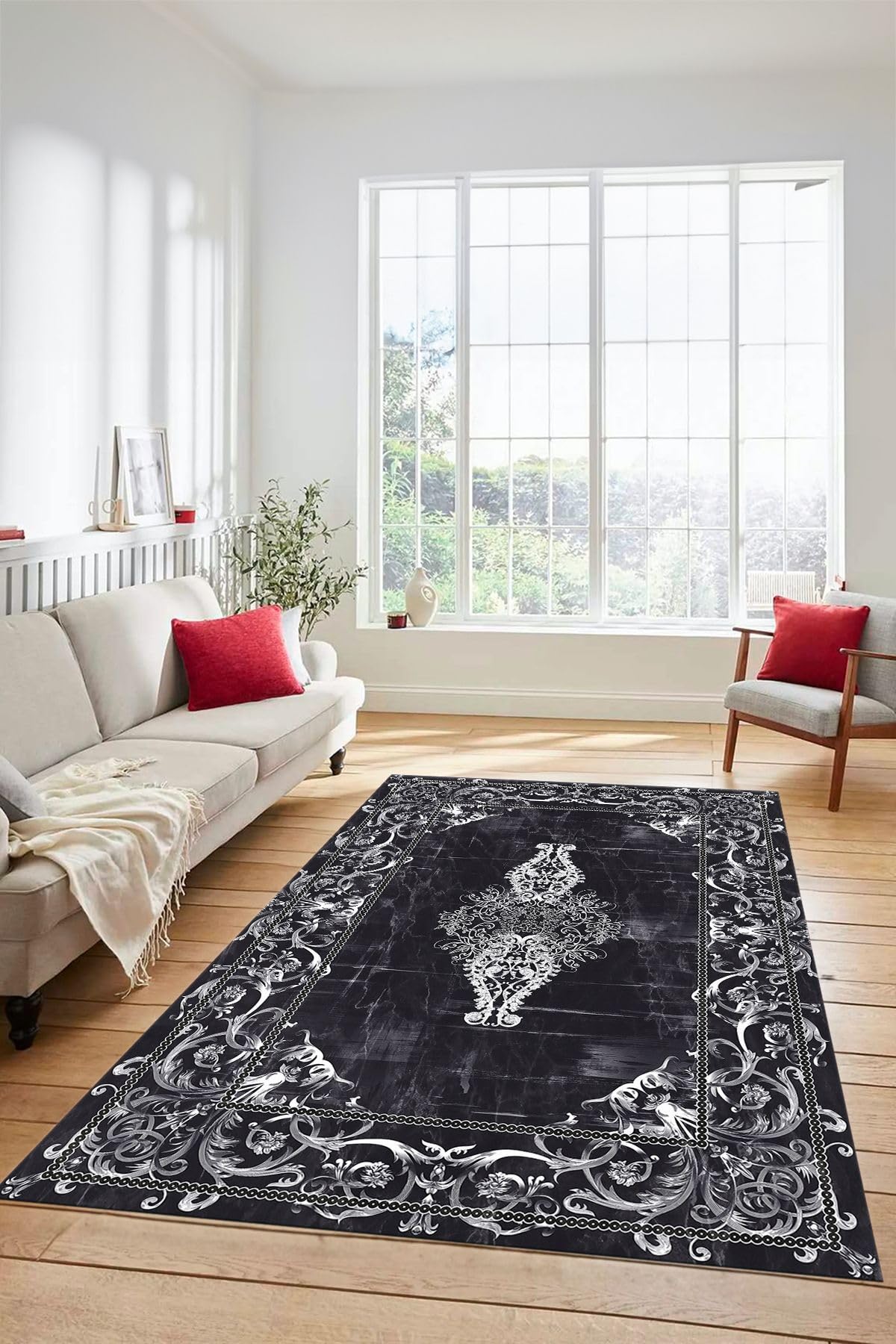 Evdeya Göbekli Klasik Motifli Dijital Kaymaz Taban Yıkanabilir Yolluk Mutfak Salon Halısı KLASİK-28, Antrasit, 60 x 150