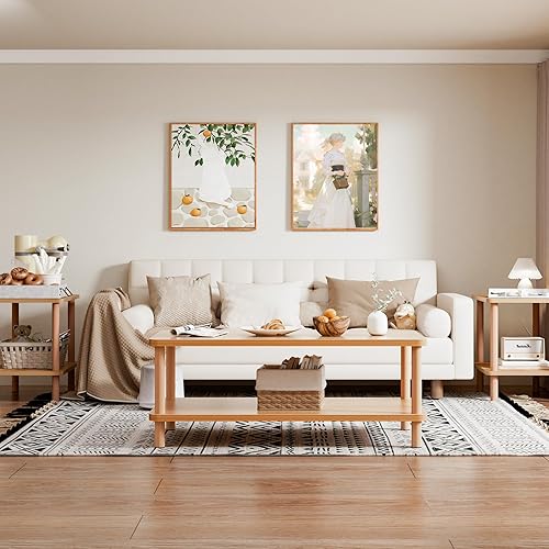 Miniatura 8 de Mesa auxiliar de 2 niveles con patas de madera maciza, mesa auxiliar pequeña, mesita de noche bohemia con estante de almacenamiento, mesita de noche